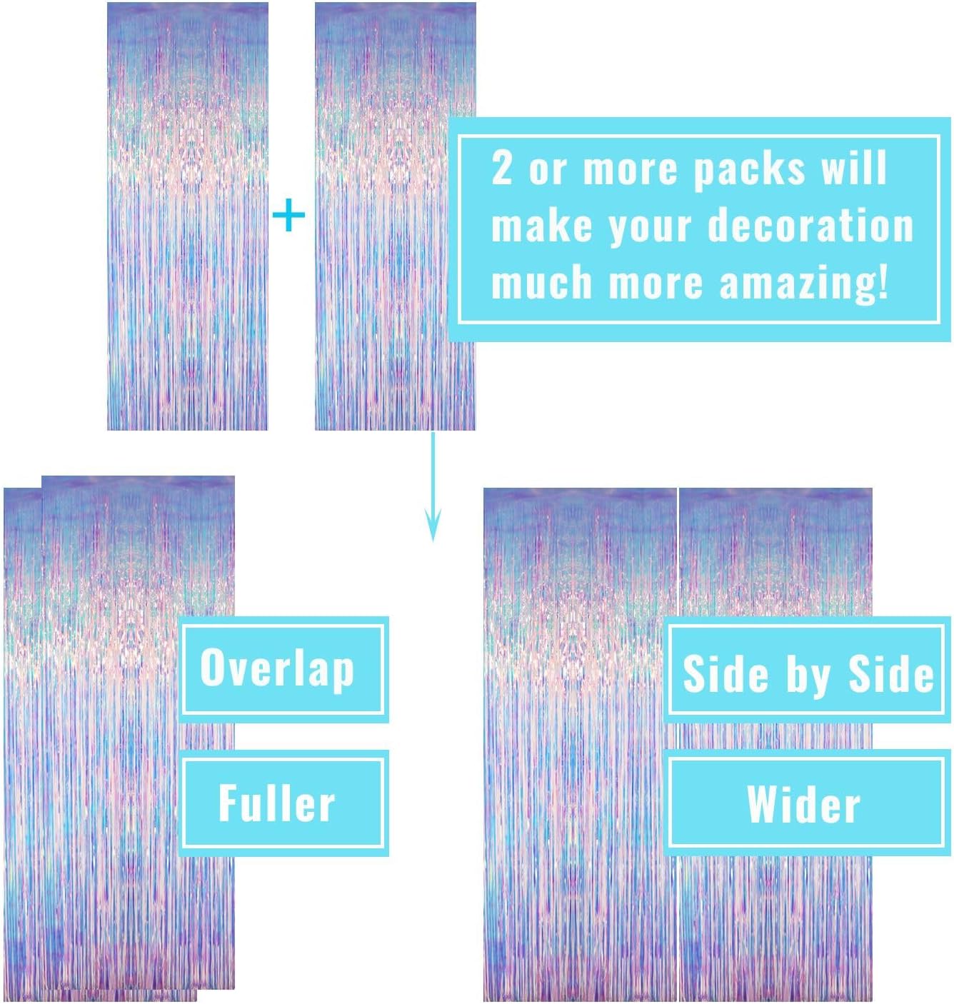 GOER 3.2 ft x 6.5 ft Metallic Tinsel Foil Fringe Curtains Photo Backdrop Party Streamers for Mermaid Birthday Party Decorations(3 Packs,Neon Blue)