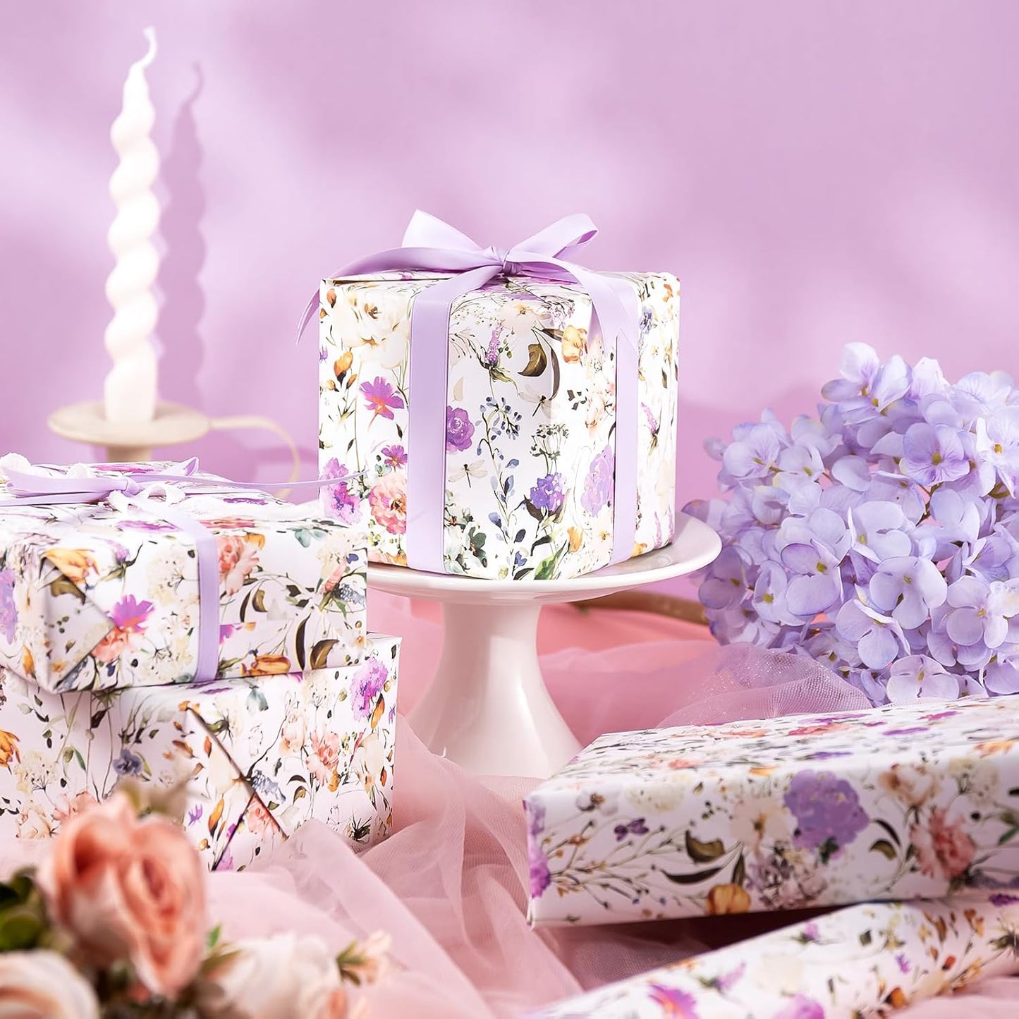 WRAPAHOLIC Kraft Floral Wrapping Paper Roll - Mini Roll - 17 Inch x 16.5 Feet - Garden Wildflower Wrapping Paper Perfect for Girls Women Birthday, Wedding, Bridal Shower