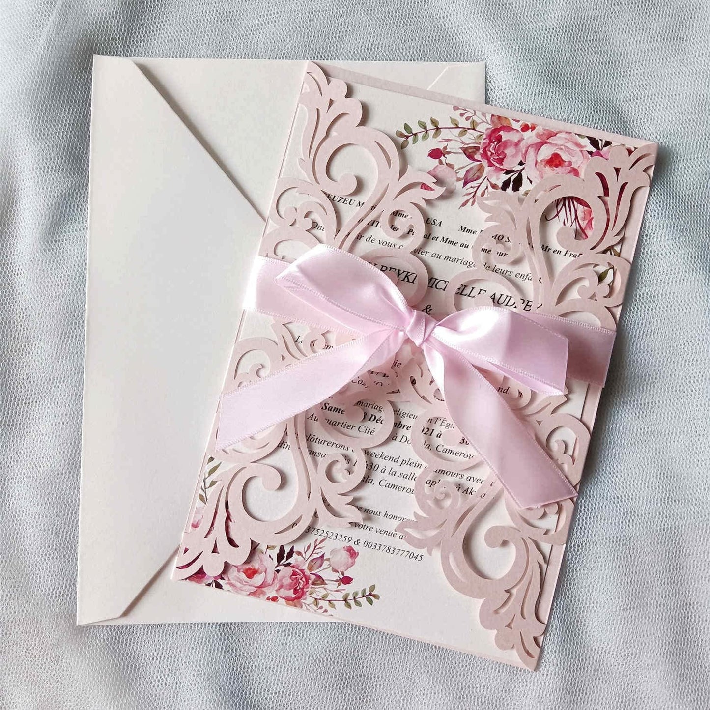 25PCS Blush Pink Laser Cut Wedding Invitations Cards with Envelopes,Blank Inner Sheets,Ribbons for Wedding Bridal Shower Quinceañera Engagement Birthday Invites