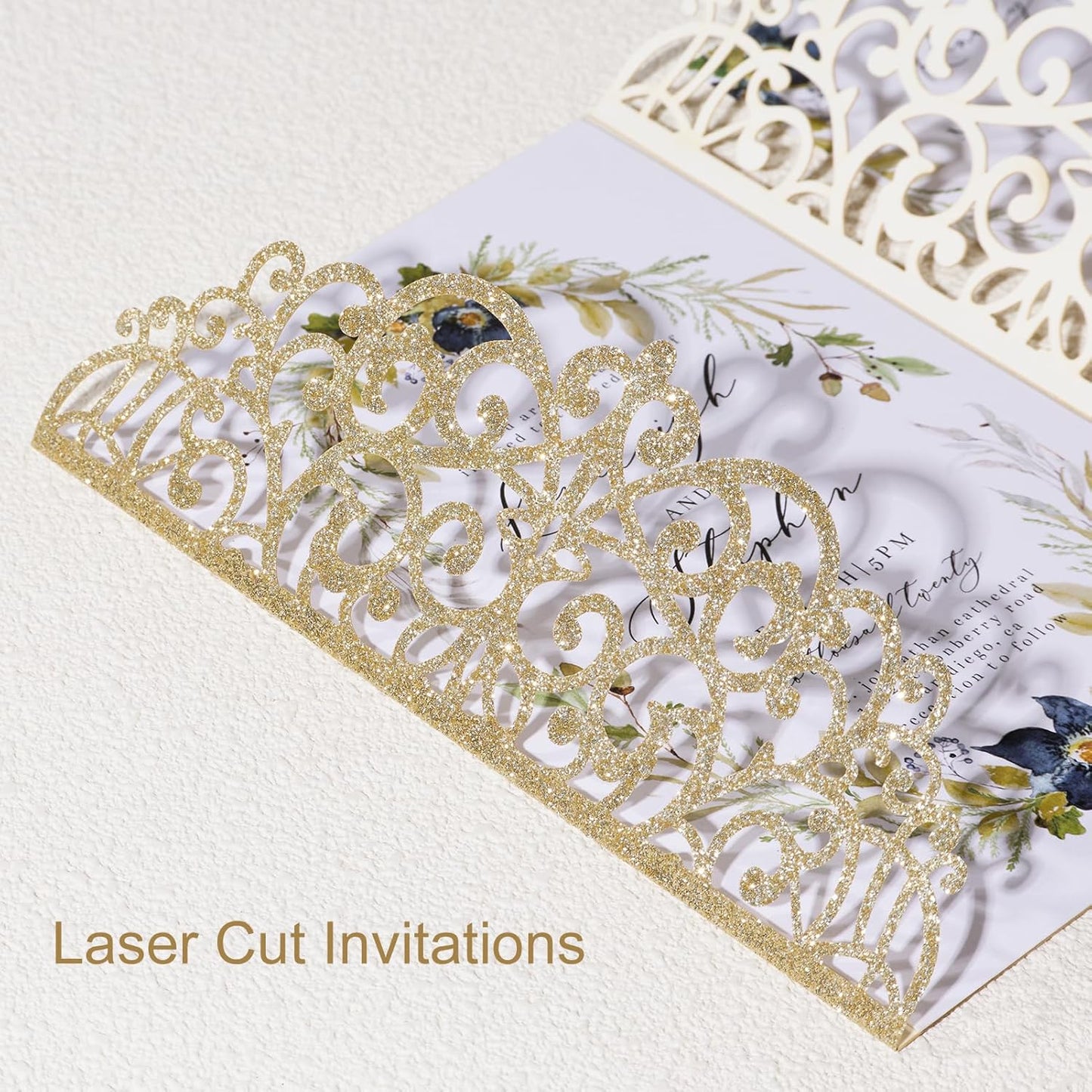 25pcs Glitter Wedding Invitations with Envelopes and RSVP Cards Gold Personalized Laser Cut Party Invitation with Ribbons for Wedding Engagement Baby Bridal Shower Quinceanera Birthday Party Invite