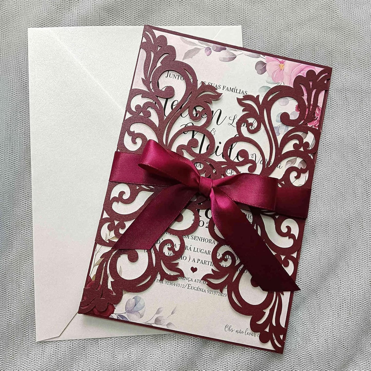 25PCS Laser Cut Burgundy Wedding Invitations Cards with Envelopes,Blank Inner Sheets,Ribbons for Wedding Bridal Shower Quinceañera Engagement Birthday Invites, (B001)