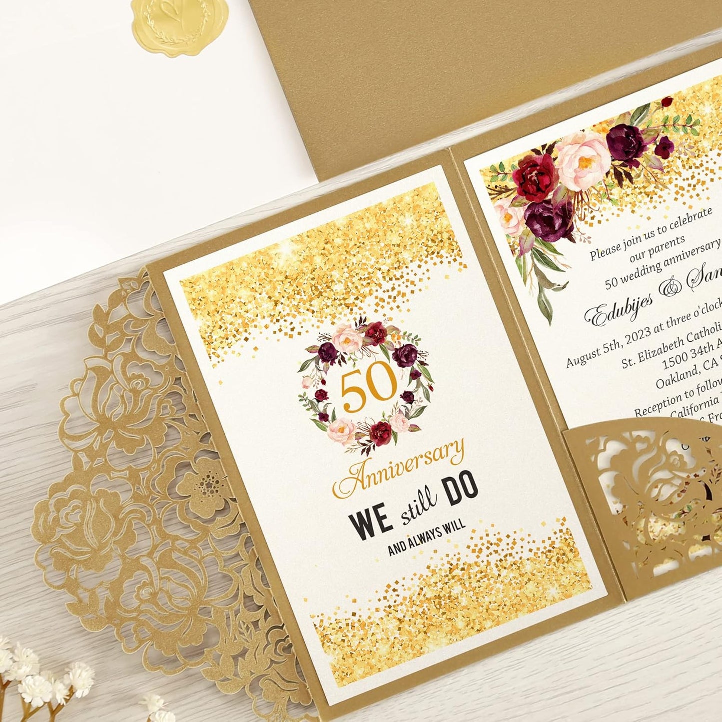 DORIS HOME 50pcs Laser Cut Wedding Invitations with Envelopes Gold, 4.7x7.1 Personalized Invitation Cards for Wedding, 50 Anniversary Invitations with Envelopes
