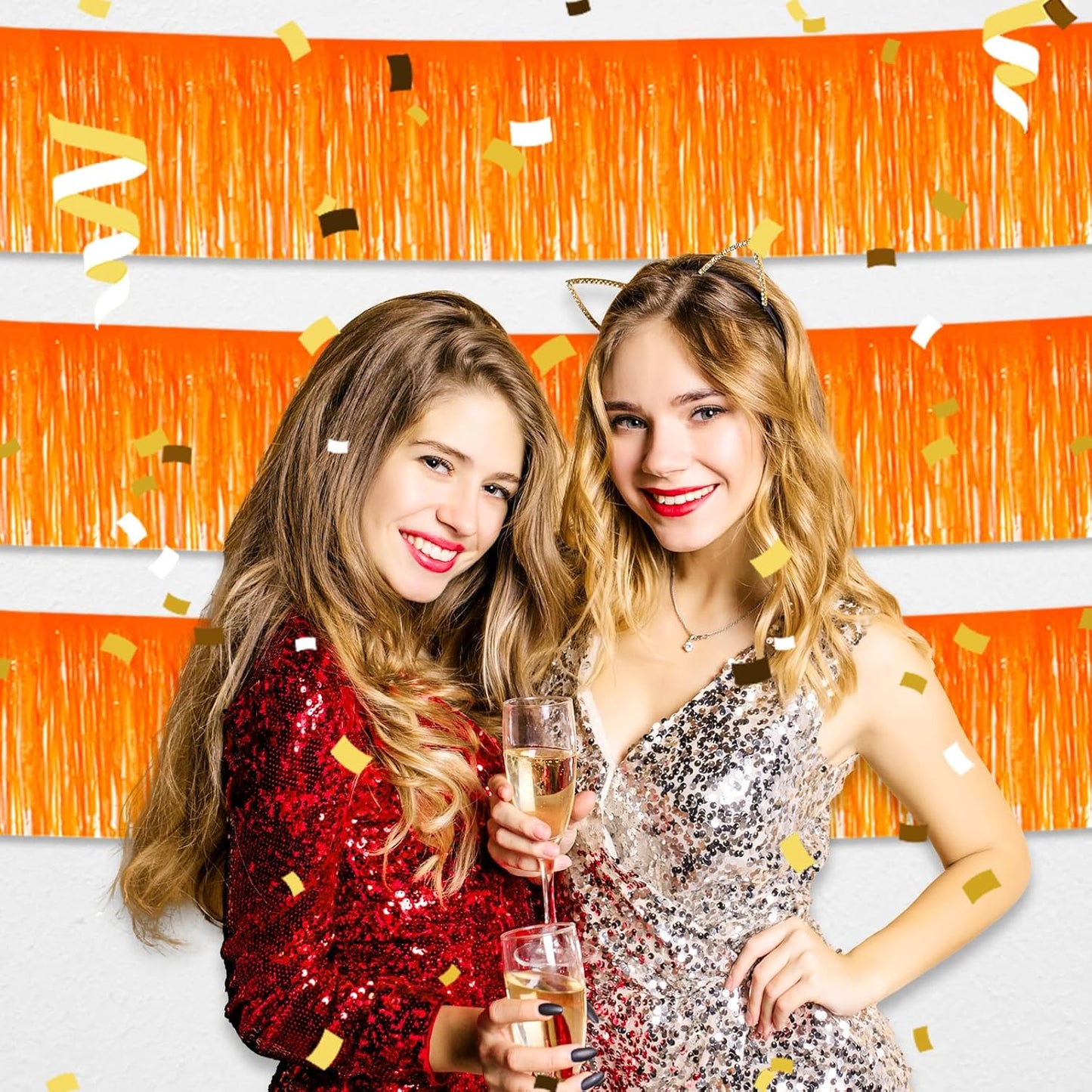 3 Pack 10 Long Macaron Orange Metallic Foil Fringe Garland Wall Hanging Tassle Banner, Mother's Day, Easter, Parade Floats, Birthday, Theme Party, Wedding Party Decorations