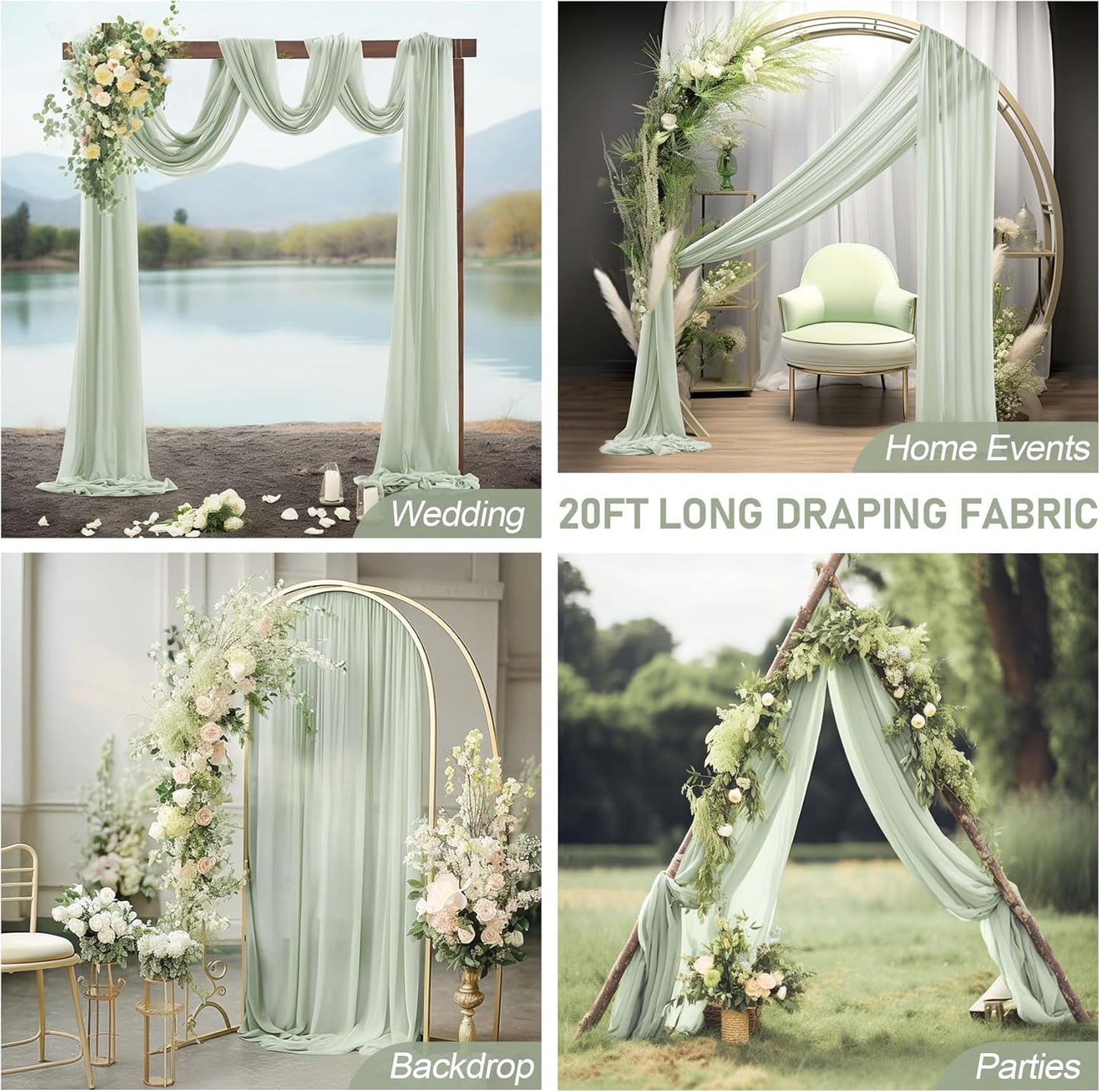 30" x 20Ft Wedding Arch Draping Fabric, 2 Panels Sage Green Sheer Curtain Drapes Extra Wide & Long Backdrop Curtains for Wedding Arch Ceremony Birthday Party Decorations
