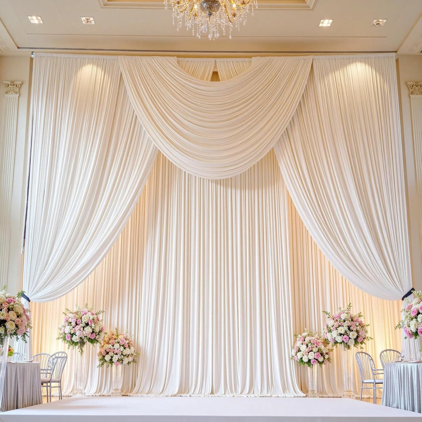 50ft x 15ft Ivory Wrinkle Free Backdrop Curtains for Parties,Silky Polyester Fabric Wedding Ceiling Drapes, 10 Panels 15ft Photo Back Drop Drapes for Baby Shower Photography Stage Background Cloth