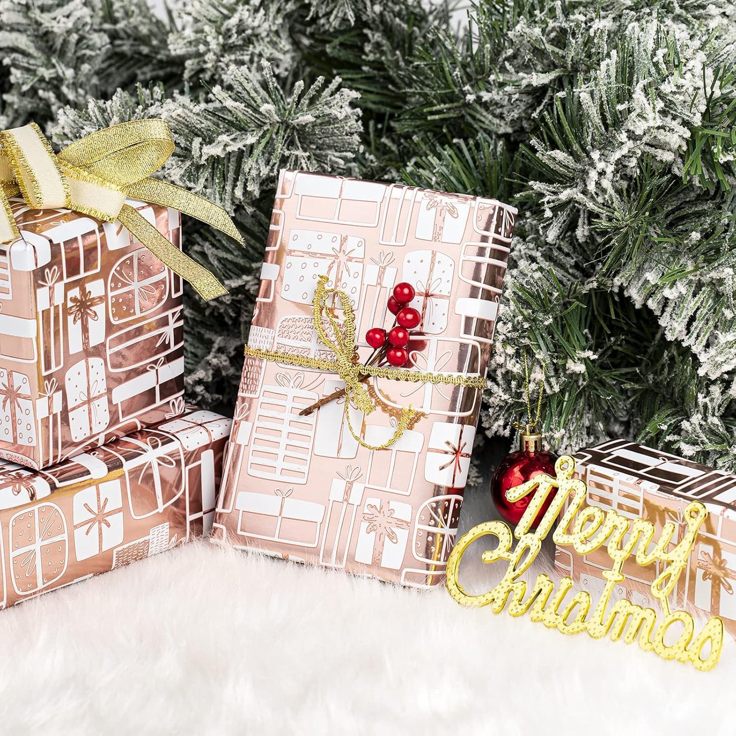 WRAPAHOLIC Wrapping Paper Roll - Mini Roll - 17 Inch x 33 Feet - Rose Gold Present Design with Metallic Foil Shine for Birthday, Party, Baby Shower