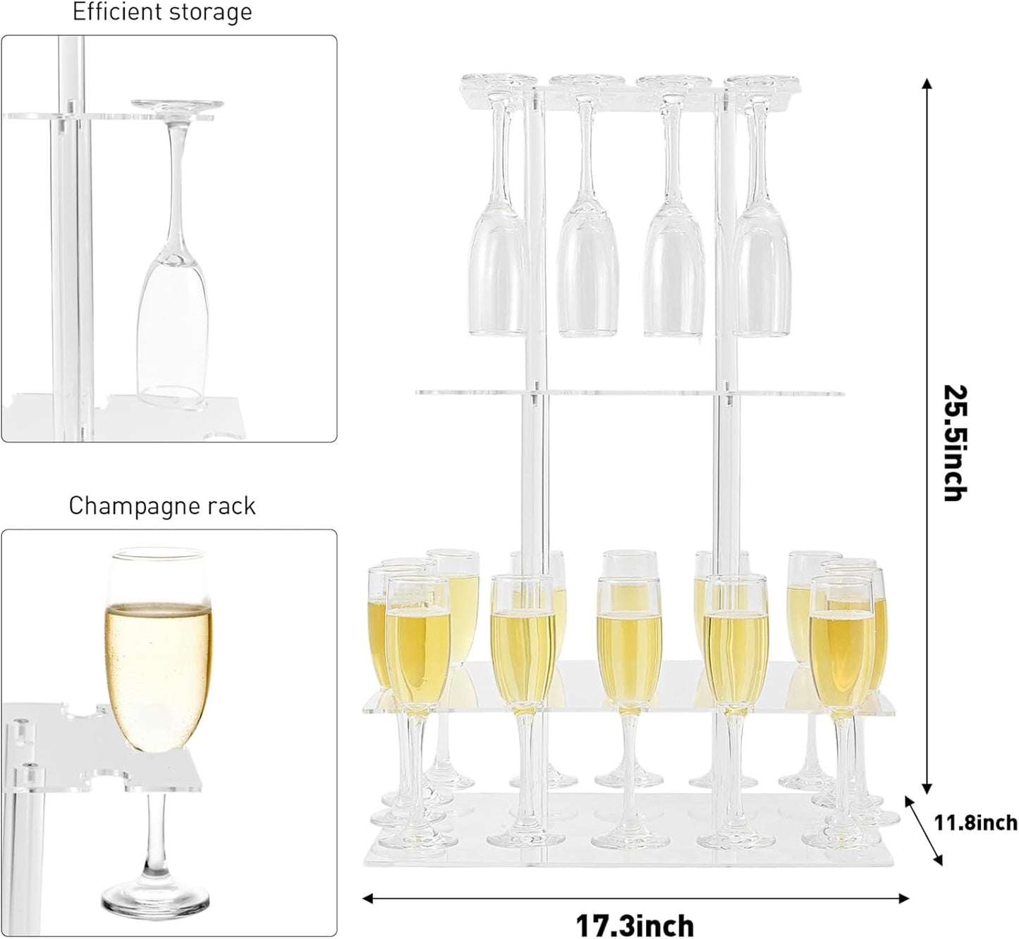 Champagne Tower, Rectangle Acrylic Champagne Display Rack Stand with 32 Slots, 3 Tier Floating Sight Champagne Flute Holder for Party, Wedding, School, Celebration, 17.3x11.8x25.5inch