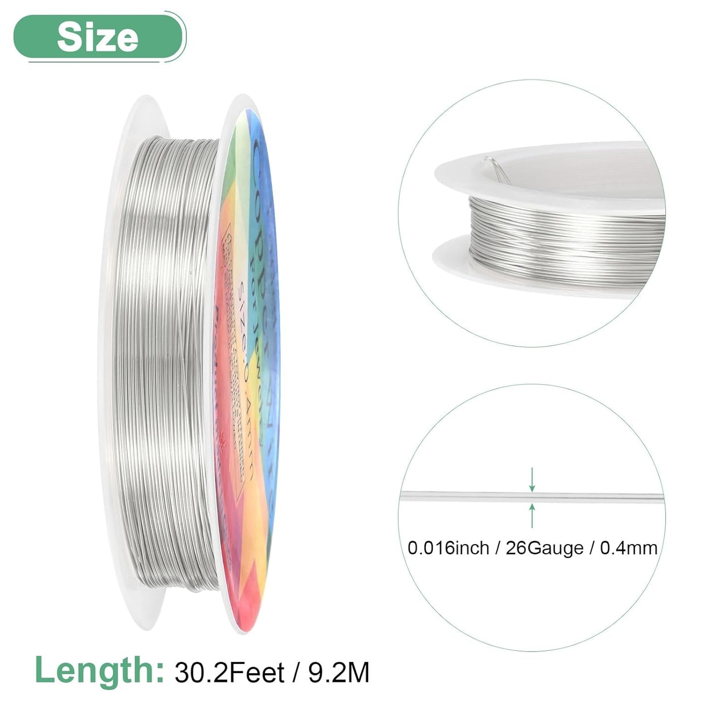 0.4 mm/26 Gauge Copper Wire for Jewelry Making, 30.2FT Copper Beading Craft Wire for Jewelry/Weaving/DIY Crafting/Planting, Color-Retaining [9.2M, Bright Silver]