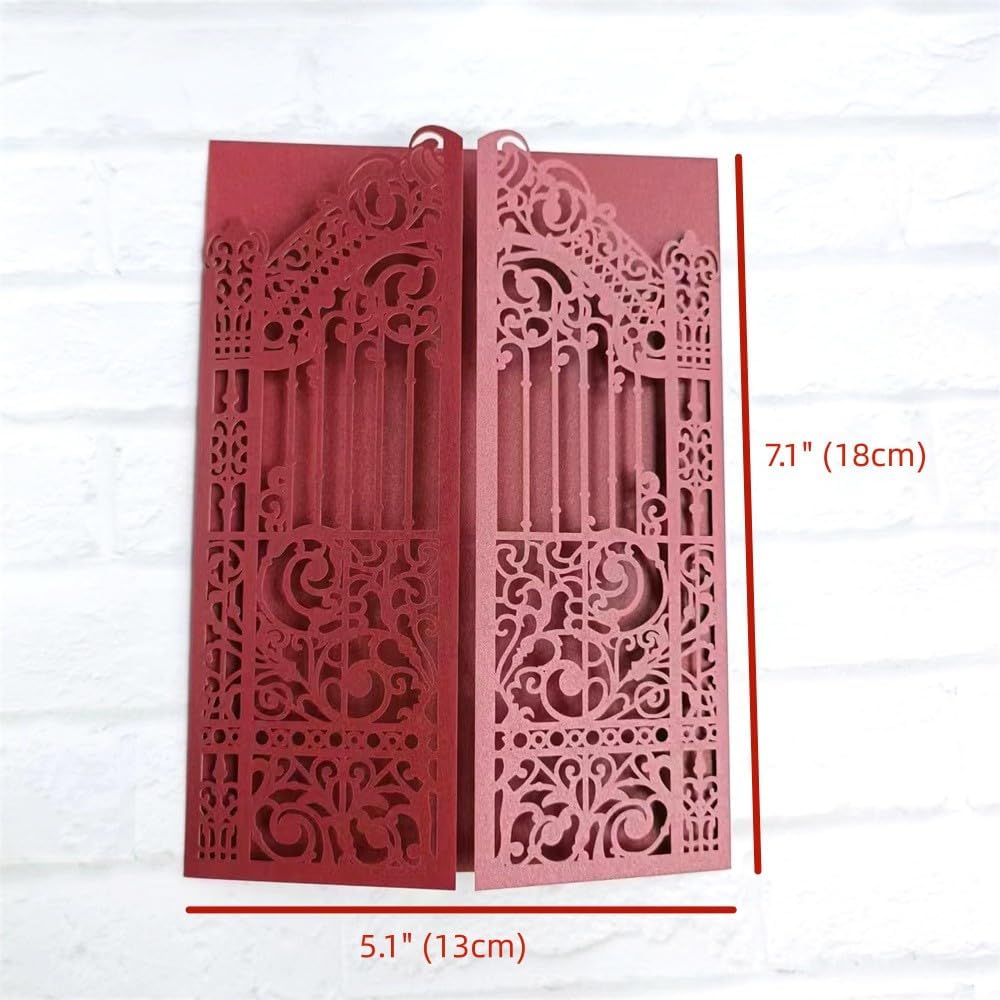 MillaSaw Burgundy Fence Laser Cut Wedding Invitation Card For Marriage Valentine Birthday Party 25 Sets (burgundy, 4.9"x7.1")