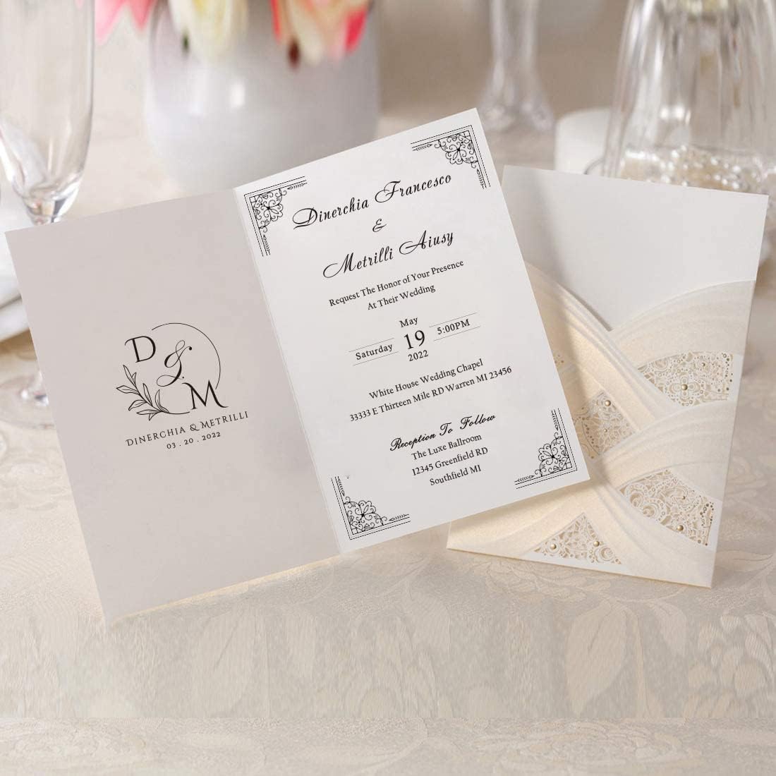 Hosmsua 5.12x7.2 50PCS Blank Wedding Invitations Kit Laser Cut light Gold Hollow Foil Flora Lace Sleeve Pocket with Envelopes for Quinceanera Wedding Invitation