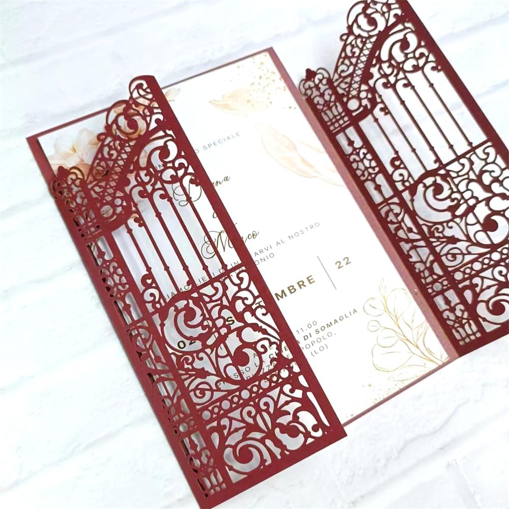 MillaSaw Burgundy Fence Laser Cut Wedding Invitation Card For Marriage Valentine Birthday Party 25 Sets (burgundy, 4.9"x7.1")