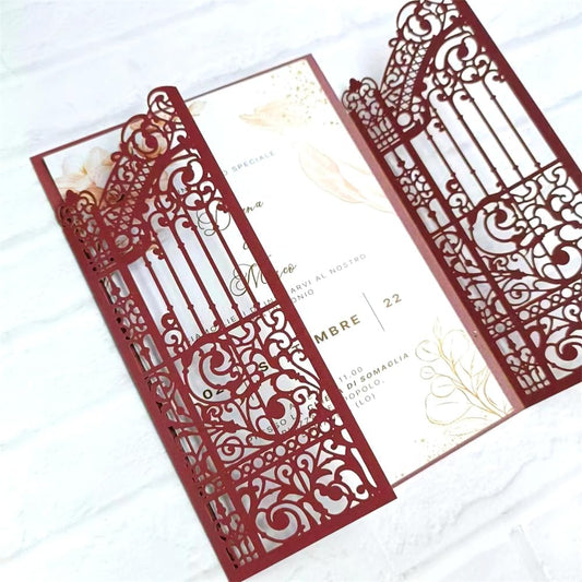 MillaSaw Burgundy Fence Laser Cut Wedding Invitation Card For Marriage Valentine Birthday Party 25 Sets (burgundy, 4.9"x7.1")