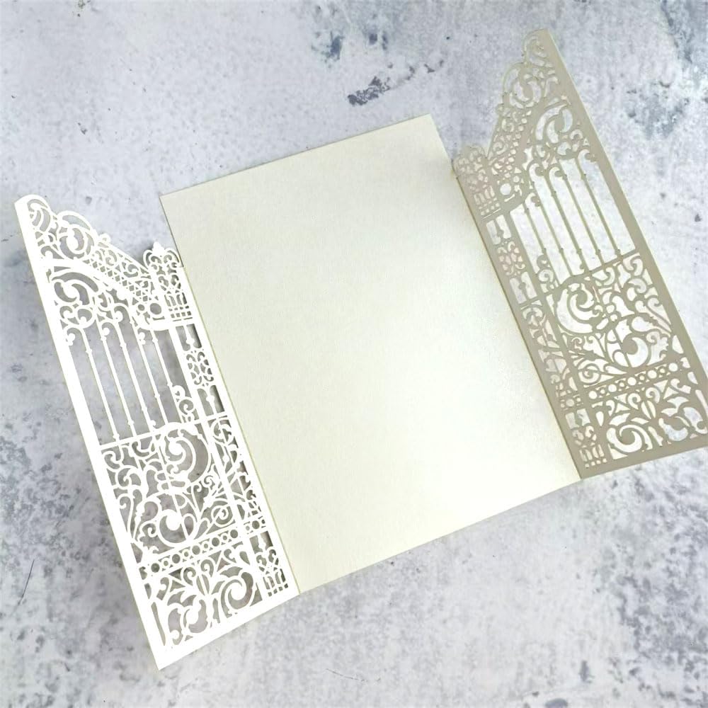 MillaSaw Pearl Ivory Laser Cut Wedding Invitation Card Fence Design For Wedding Engagement Birthday Party 25 Sets (IVORY PEARL PAPER, 4.9"x7.1")