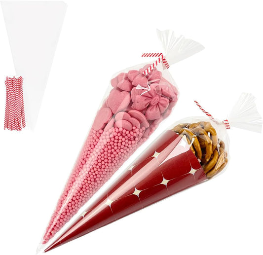 EKAPACKAGING 100Pcs 6.3x11.8 Inches Clear Cone Shaped Treat Cellophane Bags Twist Tie Triangle Christmas Party Favor Cotton Candy Bags With Ties For Popcorn, Chocolates, Ice Cream Cone