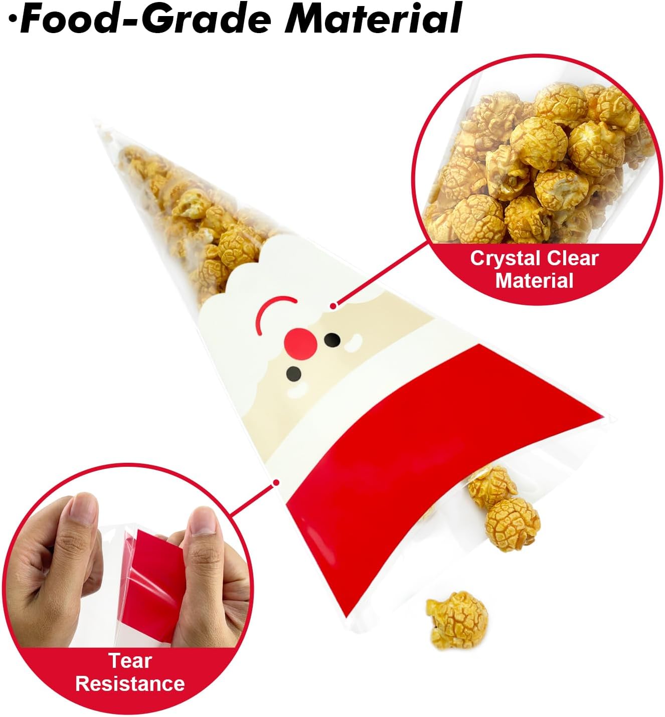 EKAPACKAGING 50Pcs 6.3x11.8 Inches Santa Print Cone Shaped Treat Bags with Ties, Christmas Clear Cellophane Bags, Party Favor Bags for Popcorn, Cookies, Cotton Candy, Gift, and Pretzel Rod