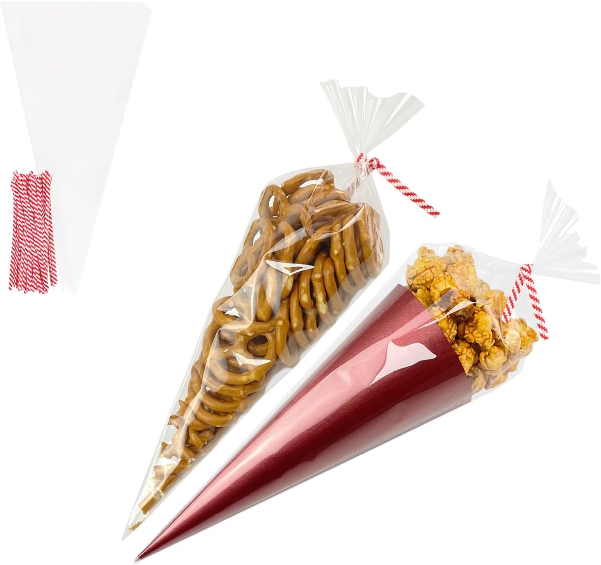 EKAPACKAGING 100Pcs 6x10 Inches Clear Cone Shaped Treat Cellophane Bags Twist Tie Triangle Christmas Party Favor Cotton Candy Bags With Ties For Popcorn, Chocolates, Ice Cream Cone