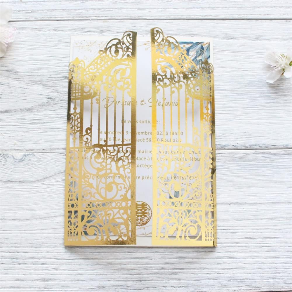 MillaSaw Metallic Gold Gate Invitation for Wedding Marriage Quinceanera Mermaid Anniversary 25 Sets (metallic gold, 4.9"x7.1")