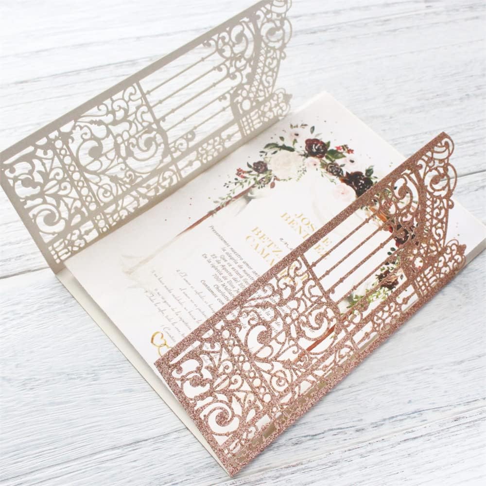 Glittery Hollow Rose Gold Invitations Gate Design For Weddings Engagement Mermaid 25 Sets (rose gold, 4.9"x7.1")
