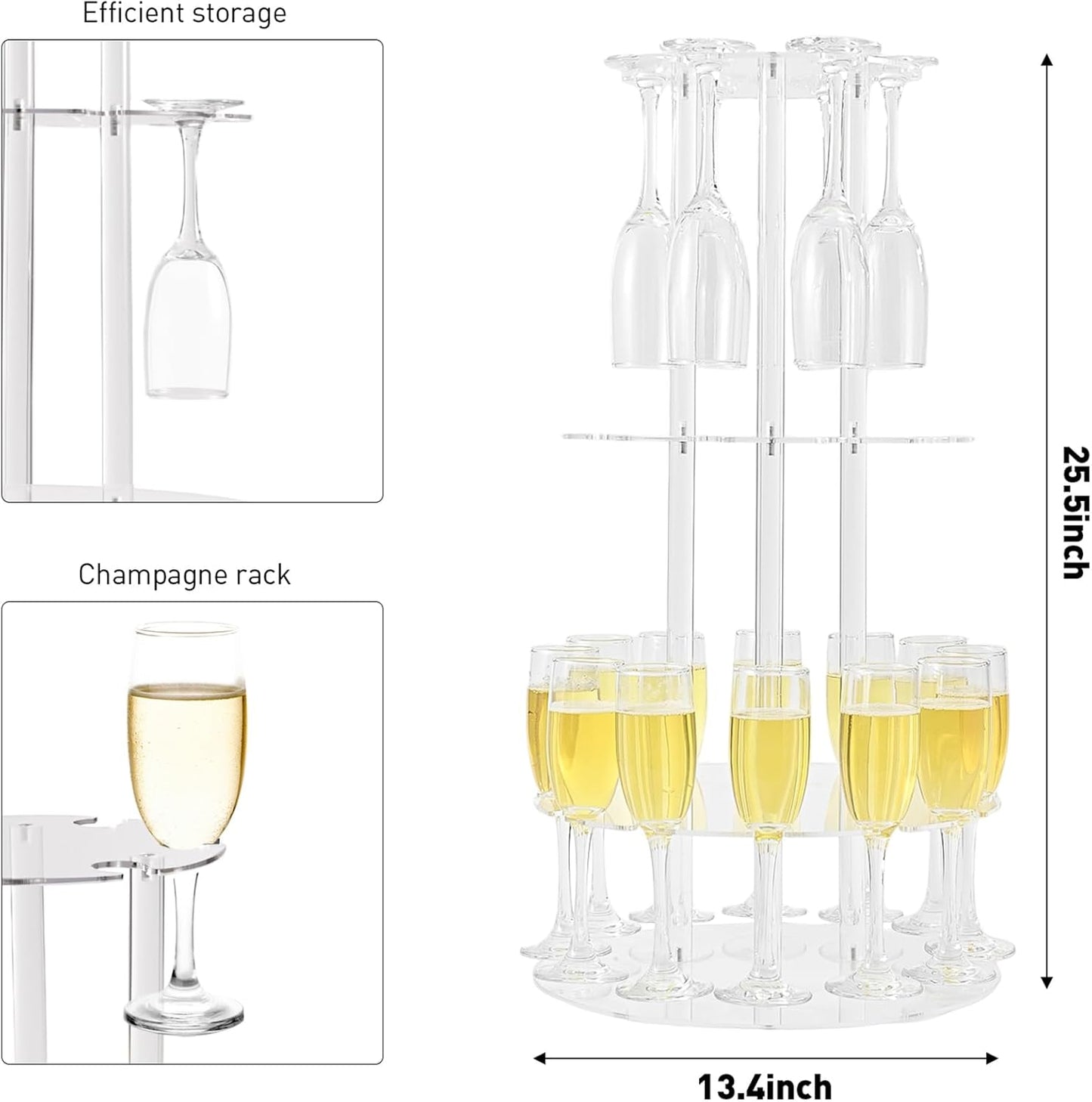 Champagne Tower, Circle Acrylic Champagne Display Rack Stand with 28 Slots, 3 Tier Floating Sight Champagne Flute Holder for Party, Wedding, School, Celebration, 13.4x13.4x25.5 inch