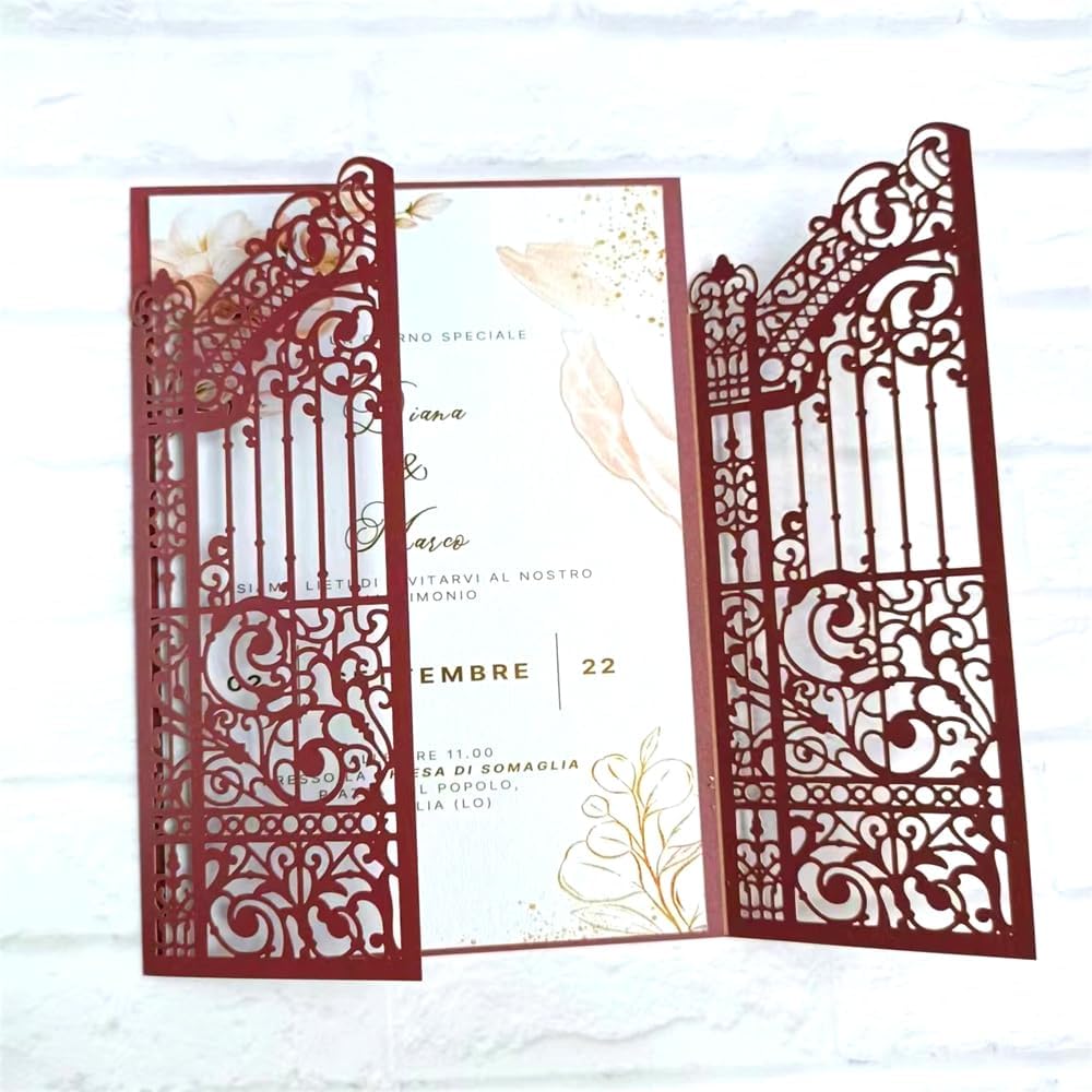 MillaSaw Burgundy Fence Laser Cut Wedding Invitation Card For Marriage Valentine Birthday Party 25 Sets (burgundy, 4.9"x7.1")