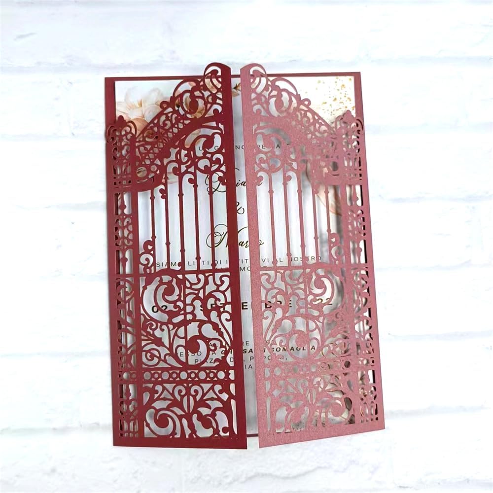 MillaSaw Burgundy Fence Laser Cut Wedding Invitation Card For Marriage Valentine Birthday Party 25 Sets (burgundy, 4.9"x7.1")