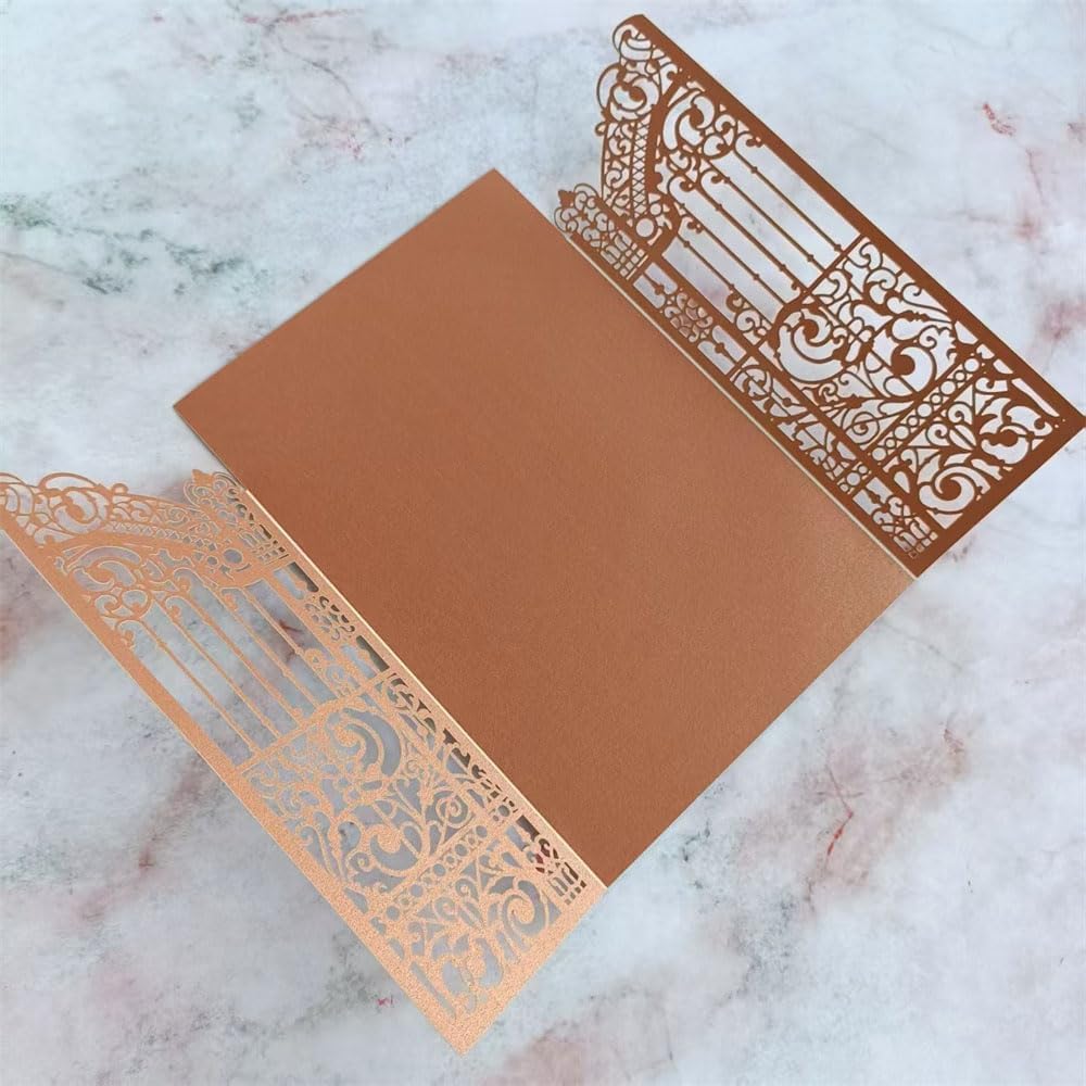 MillaSaw Bronze Fence Laser Cut Invitation Cards Pocket With Envelope For Wedding Engagement Birthday Cocktail Party 25 Sets (bronzed, 5.1"x7.1")