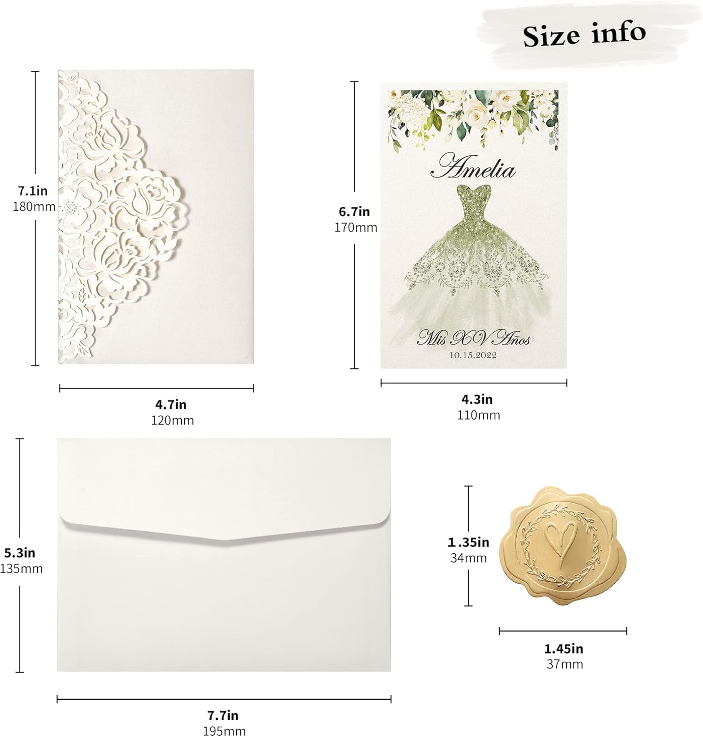 DORIS HOME 50pcs Laser Cut Quinceanera Invitations Green and Ivory White, 4.7x7.1 Personalized Quince Invitations for 15th Birthday, Invitation cards for Sweet 16 with Envelopes