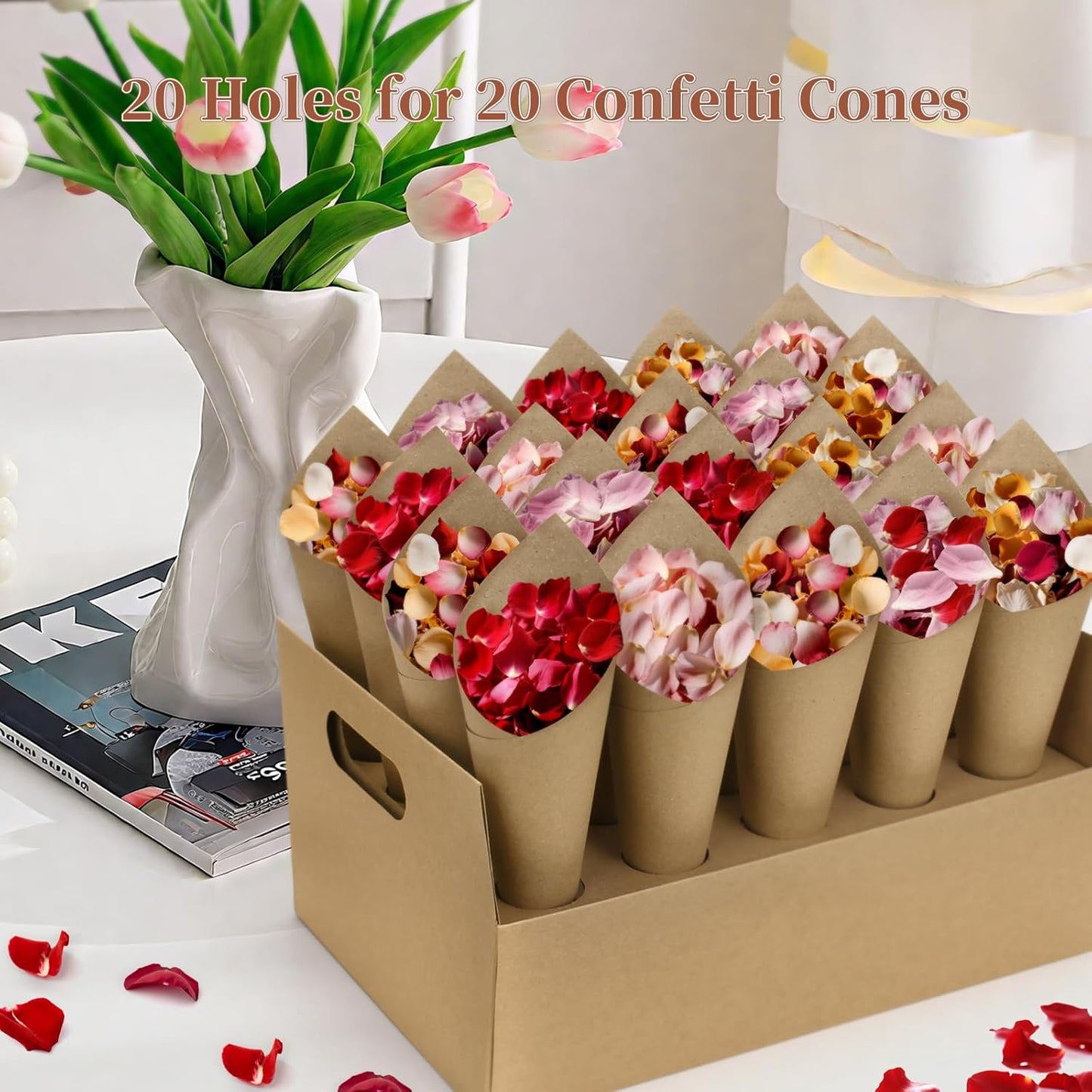2 Set Wedding Confetti Cone Stand Box, 2 Party Cardboard Cone Holders Trays of 20 Holes Each with 40 Kraft Cone Paper for Wedding, Party, Celebration, Decoration