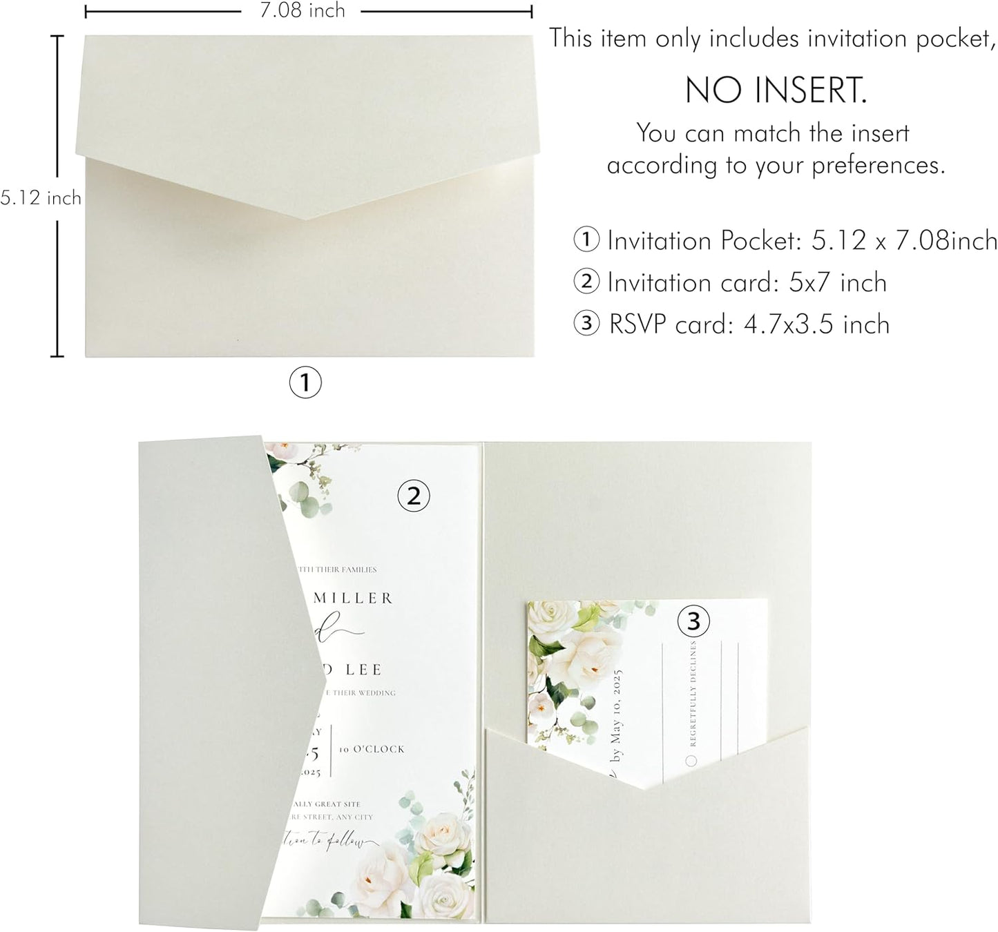 20 PCS Ivory Tri-fold Laser Cut Wedding Invitation Pockets for 5x7 Wedding Cards Bridal Shower Engagement Quinceanera Invitation