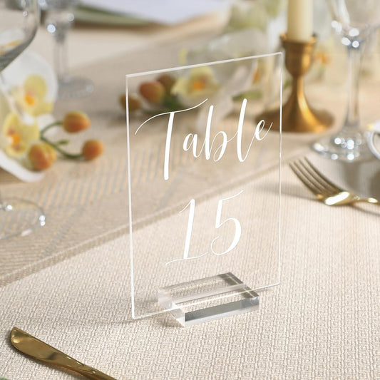 UNIQOOO Acrylic Wedding Table Numbers 1-15 with Stands | 4x6 inch Printed Calligraphy, Clear Table Number Signs and Holders | Perfect for Wedding Reception, Centerpiece Decoration, Event, Party