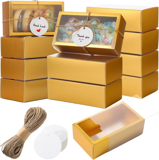 Roowest 50 Sets Kraft Soap Boxes Rectangle Packaging Box with Window Homemade Gift Box with Blank Tags and Jute String for Jewelry Candy Wrapping Party Favor(6.3 x 3.5 x 2 Inch,Gold)