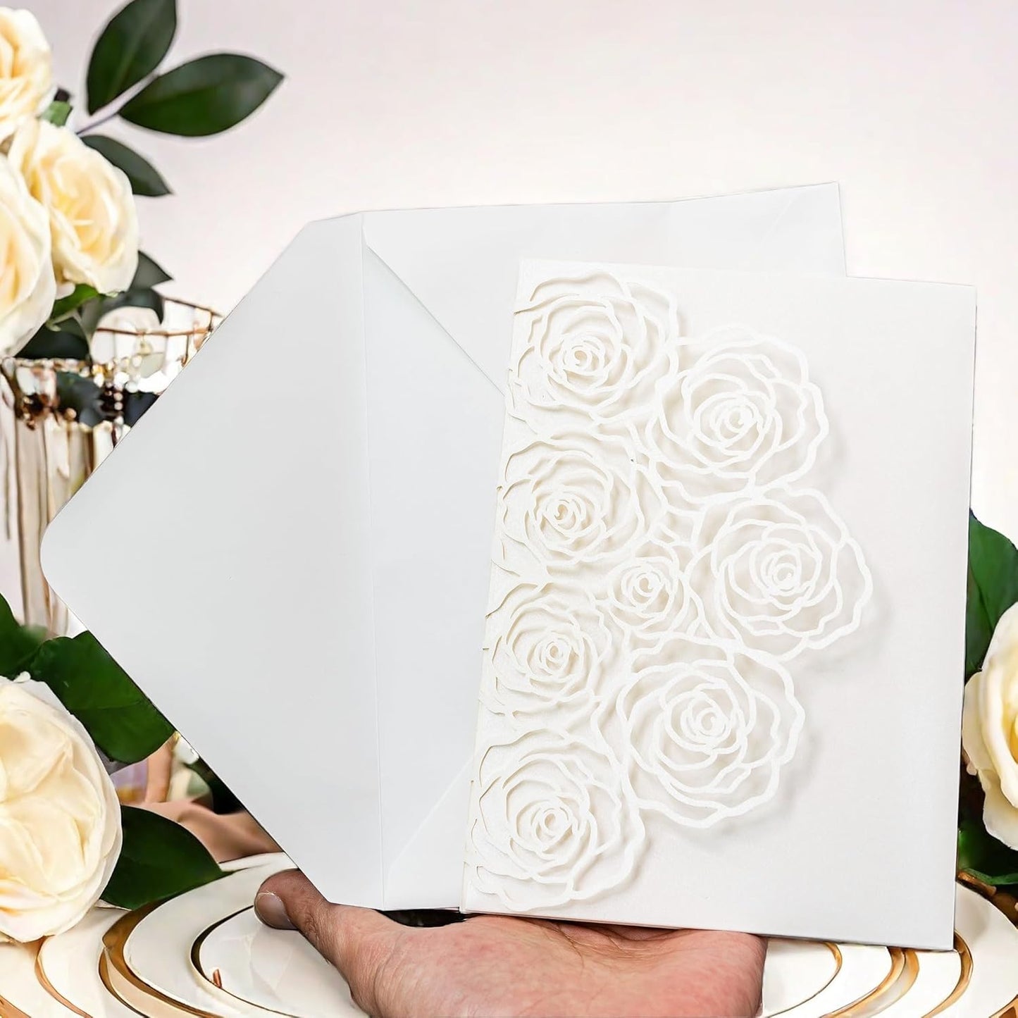 20 Pcs Laser Cut Wedding Invitations Card Pocket with Envelope for Birthday Party Baby or Bride Shower Invite suitable for 5 * 7 Inches Insert Paper (Ivory)