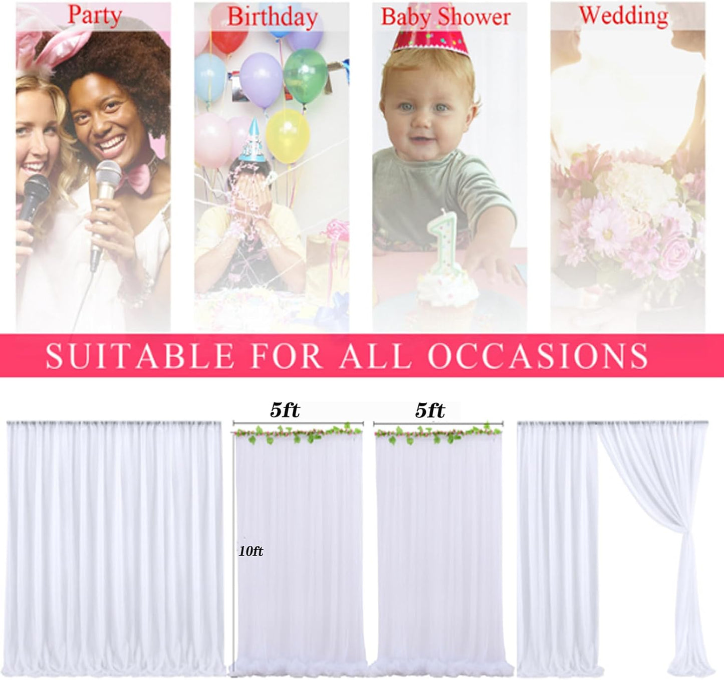 2 Pack White Backdrop Curtain for Wedding Photo Photoshoot Birthday Party Christmas Decorations (60" W x 120" L (Pack of 2))