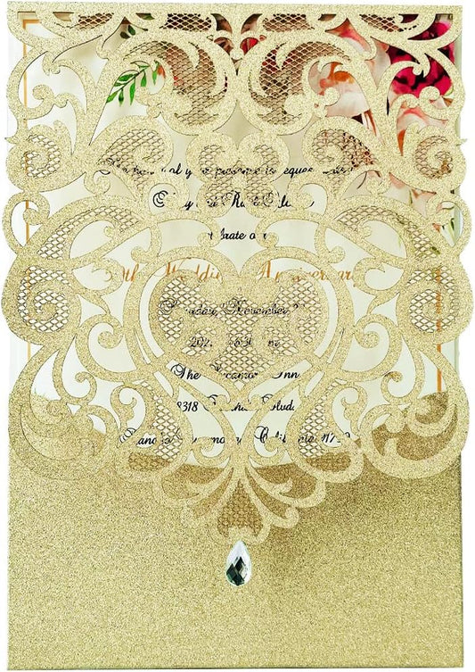 Hosmsua 50PCS Personalized Wedding Invitations Kit 5.12 x 7.3 Laser Cut Hollow Rose Rhinestone Pocket with Envelope for Wedding Quinceanera Invite (Champagne Gold Glitter)