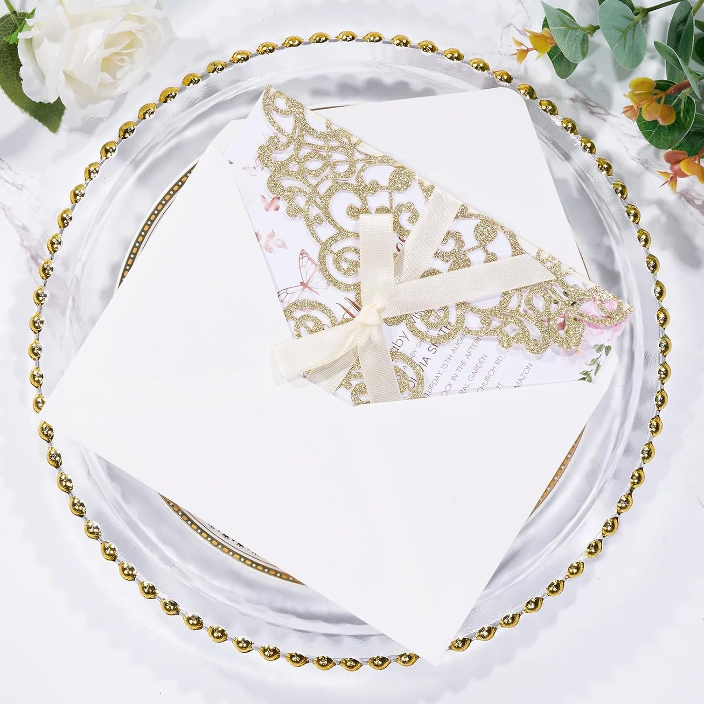 50Pcs Gold Glitter Laser Cut Wedding Invitation with Envelopes RSVP Cards and Ribbons Blank Card Invitaciones Para 15 Años Personalizados Quinceañera Baby Shower Party Invites