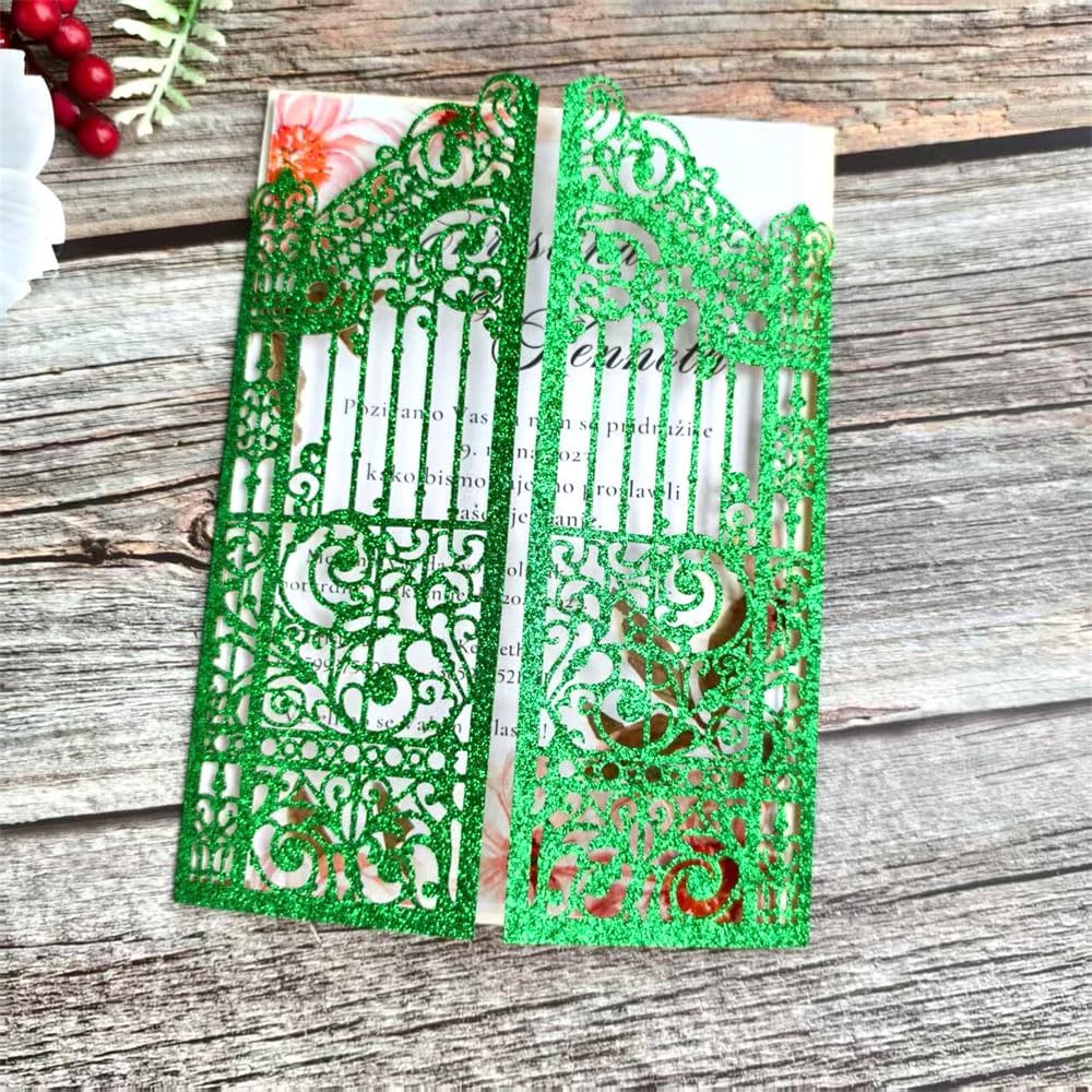 MillaSaw Glitter Green Gate Invitation Sleeve, Laser Cut Catle Invitation For Quinceanera Ball Wedding Bridal Shower Valentine Birthday Christmas 25 Sets (green glitter, 4.9"x7.1")