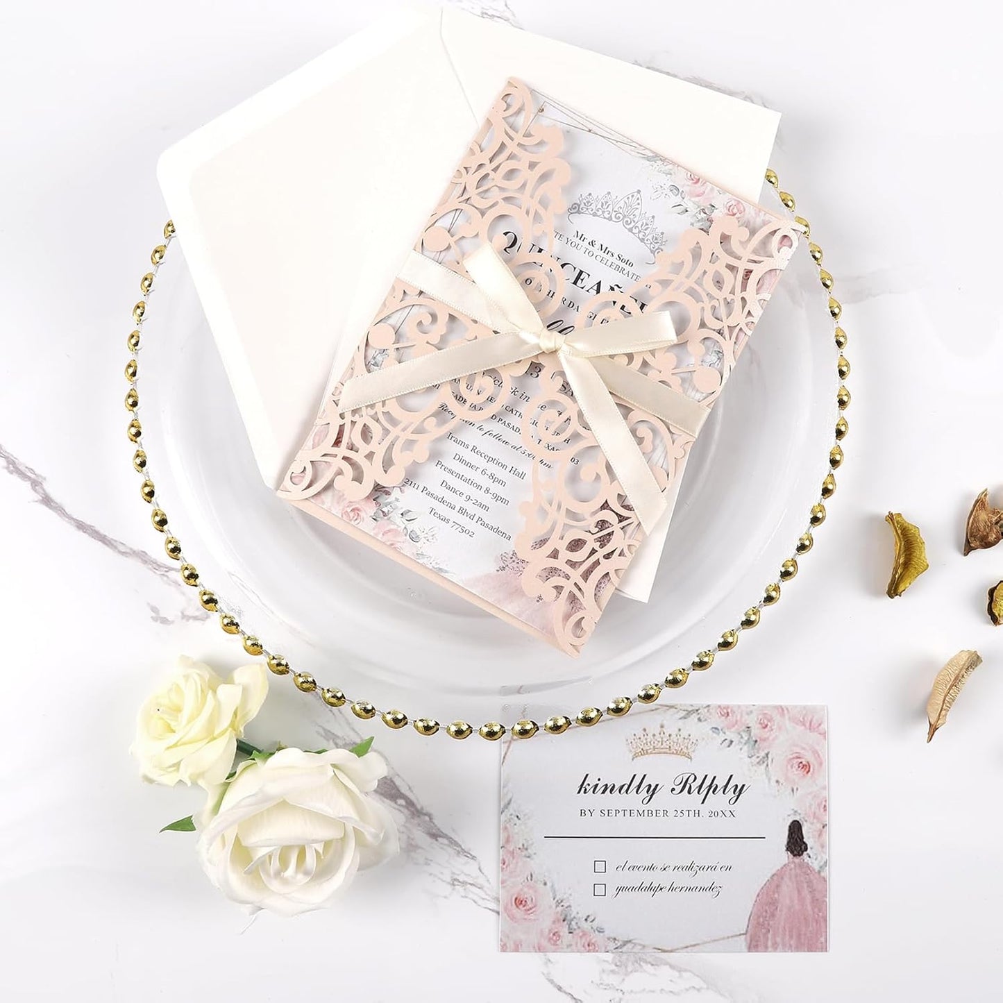 50pcs Blush Pink Wedding Invitations With Envelopes and Rsvp Cards 5x7 Inches Laser Cut Wedding Invitation Pockets for Bridal Shower QuinceañEra Engagement Birthday Invites