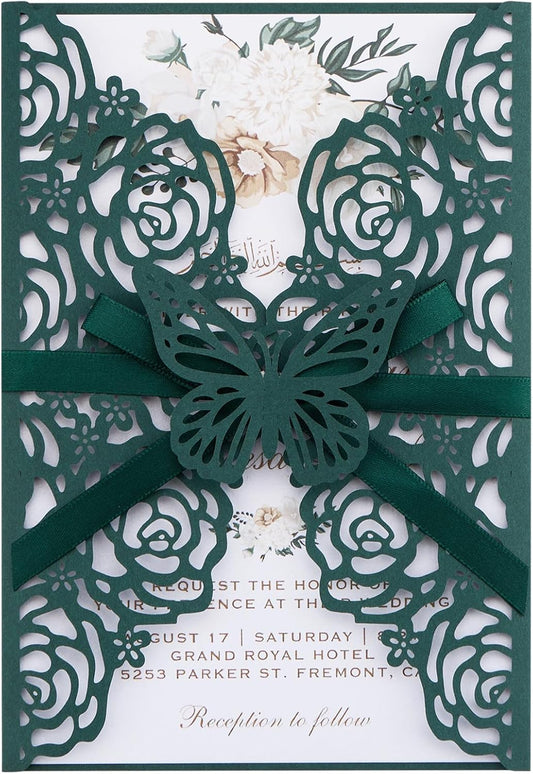 Emerald Green Wedding Invitations with Envelopes and Rsvp Cards, Blank Inner Cards, Ribbons, for Wedding Baby Shower Quinceañera Party Invitations 50 Sets