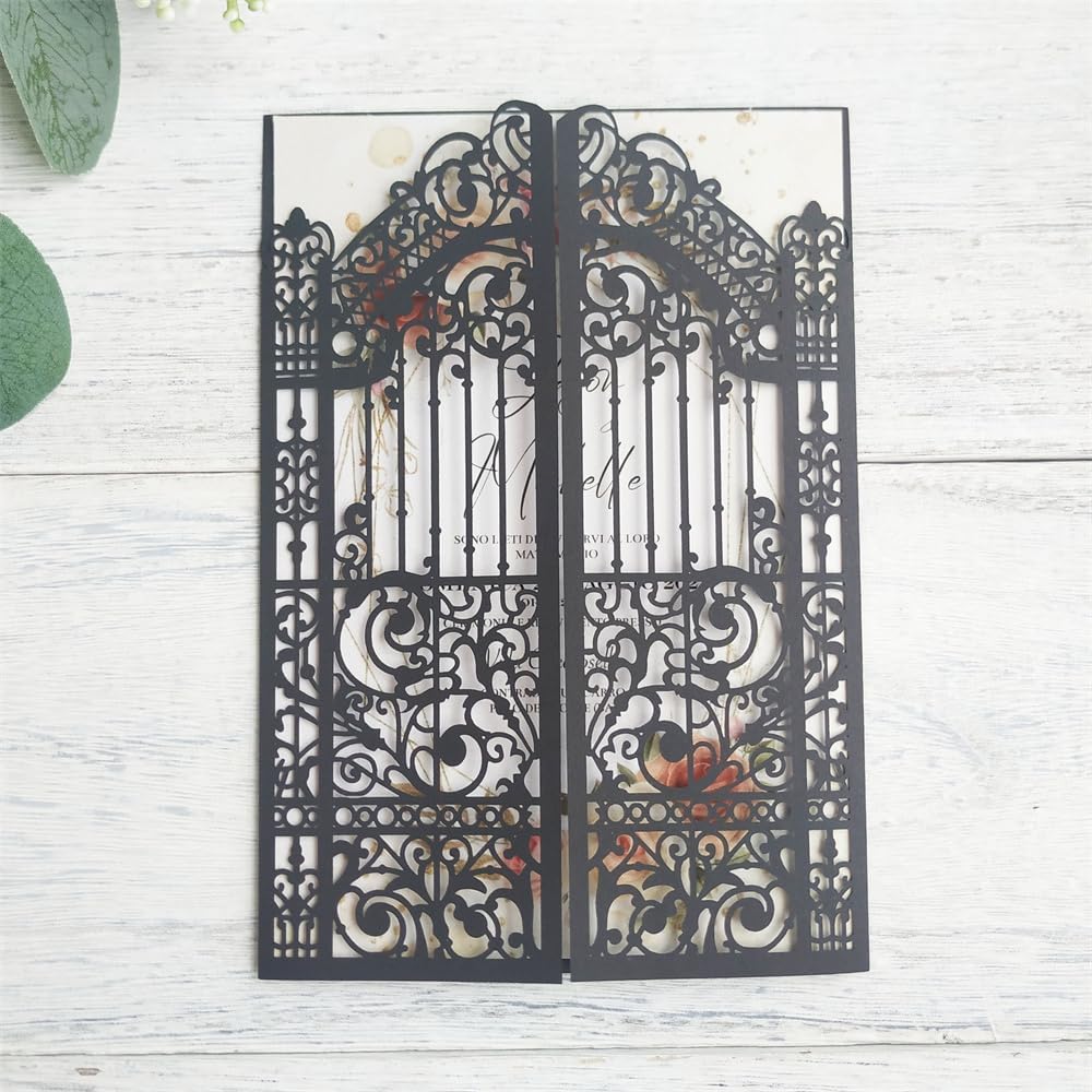 Black Gate Invitation Castle Laser Cut Card For Wedding Engagement Mermaid Birthday Party 25 Sets (black, 4.9"x7.1")
