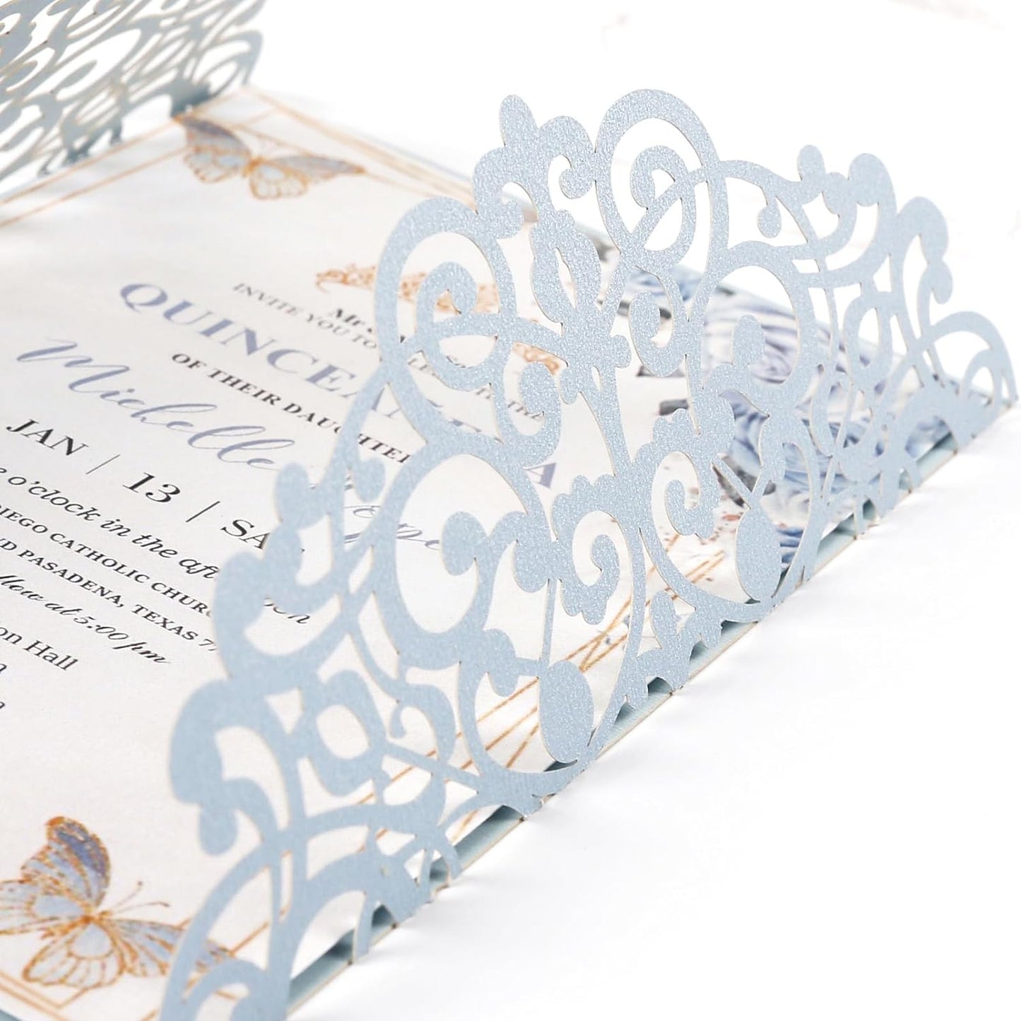 50pcs Laser Cut Wedding Invitation Pockets 5x7 '' Dusty Blue Wedding Invitations Kit With Envelopes Blank Inner Sheet and Ribbon for Wedding Bridal Shower Quinceanera Engagement Party Invite