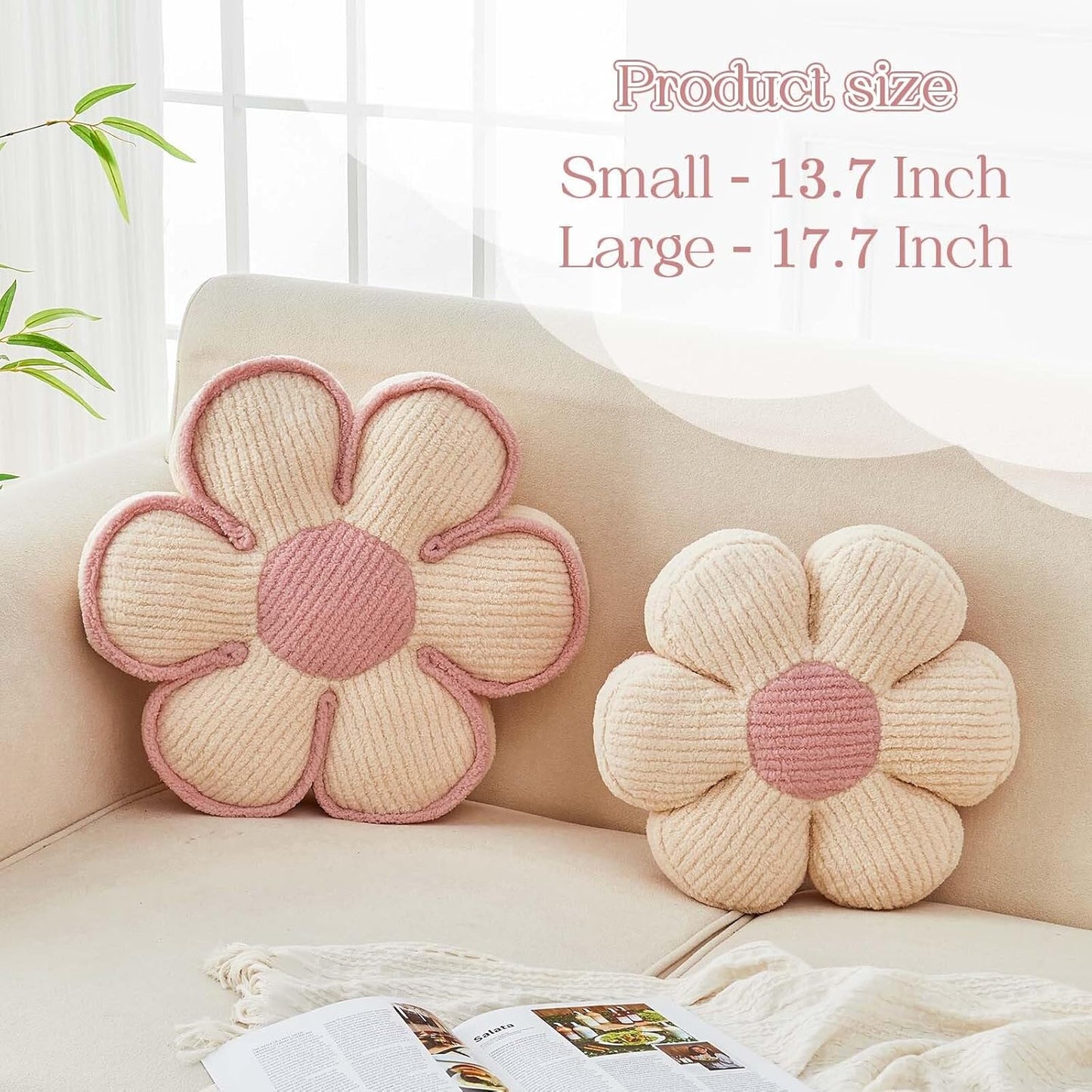 Flower Pillow, Soft Flower Decorative Throw Pillow, Cute Daisy Flower Shaped Seating Floor Cushion Room Décor Plush Pillows for Sofa Couch Bed (17.7 Inch, Ivory)