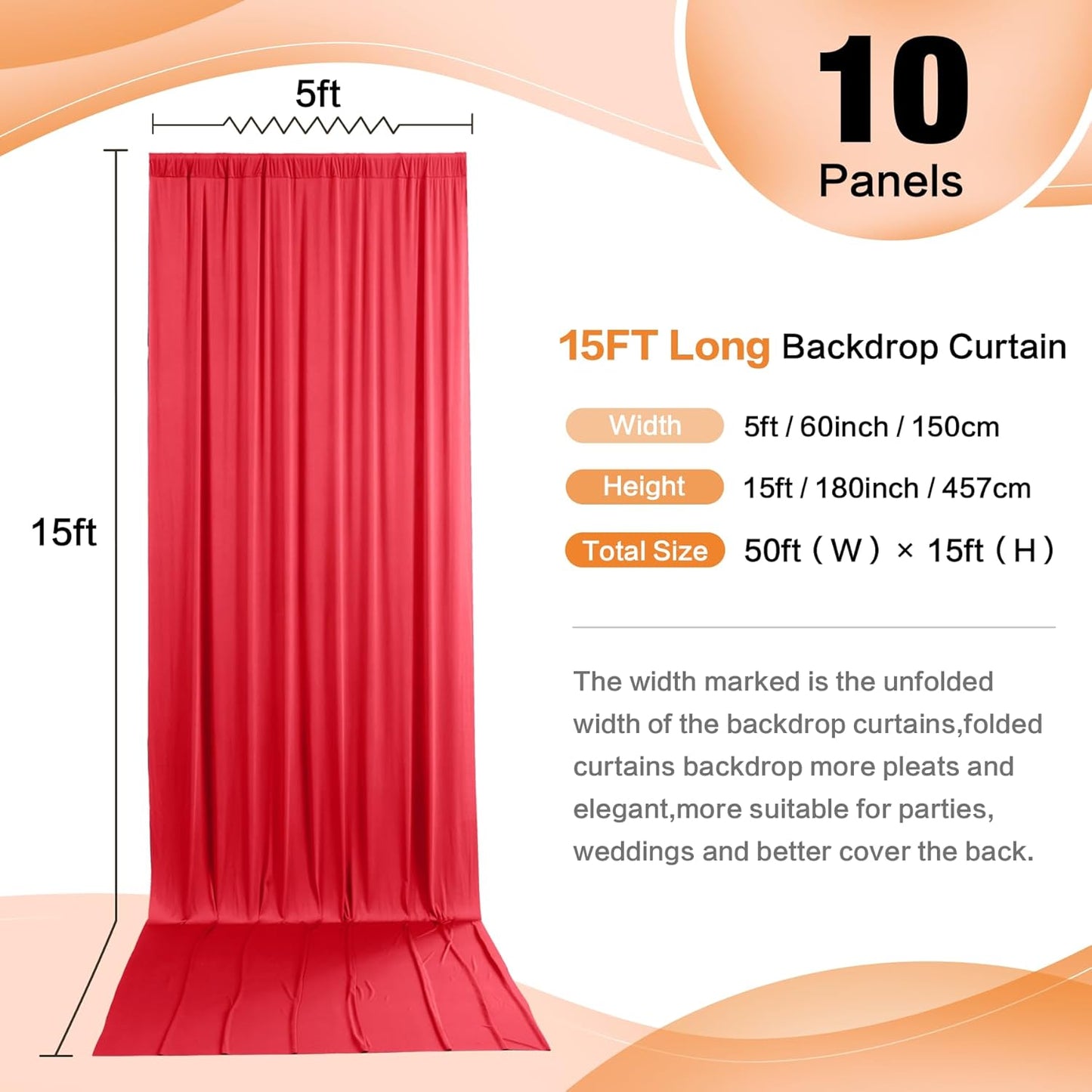 50ft x 15ft Red Wrinkle Free Backdrop Curtains for Parties,Silky Polyester Fabric Wedding Ceiling Drapes, 10 Panels 15ft Photo Back Drop Drapes for Baby Shower Photography Stage Background Cloth