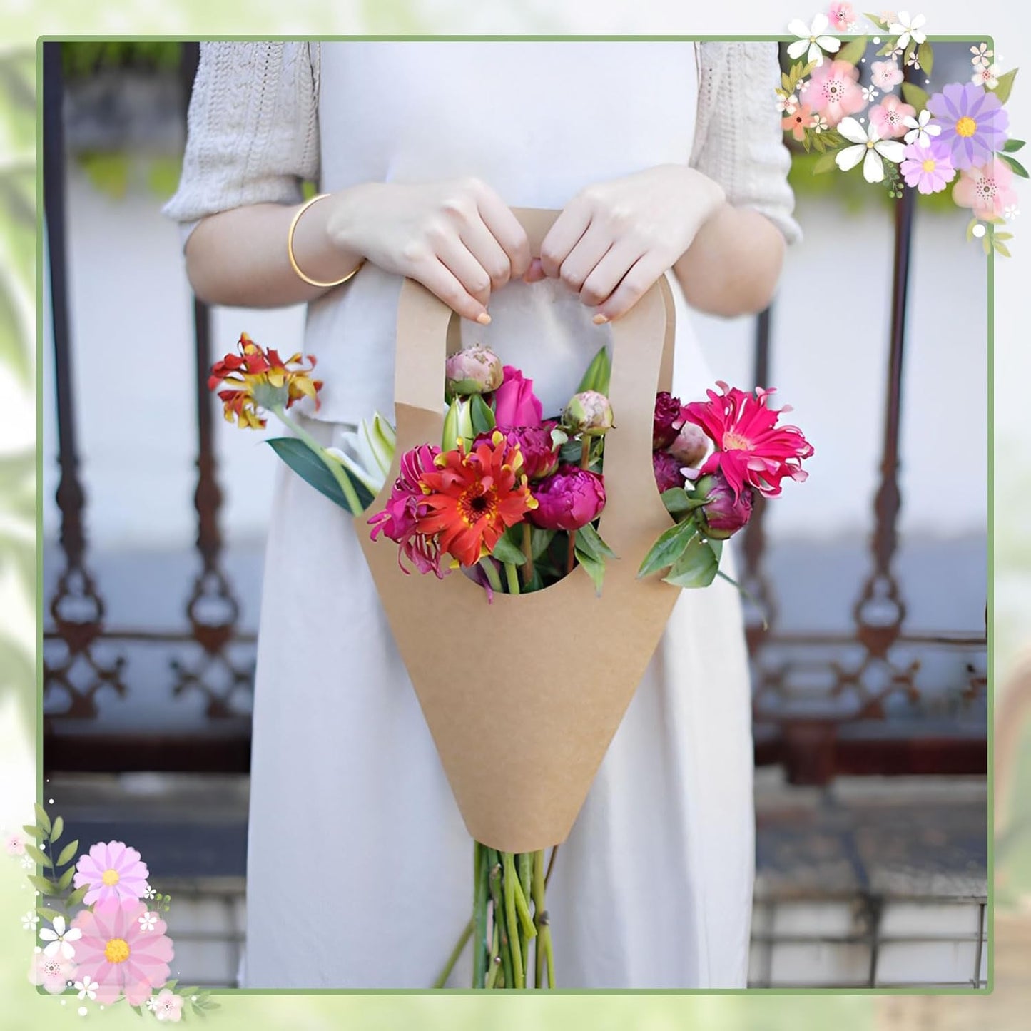 50 pc Kraft Paper Flower Bags with Handles Cones & Brown Bouquets - Shears, Thorn Remover, Floral Tape & Lace Ribbon (13.78Inches)