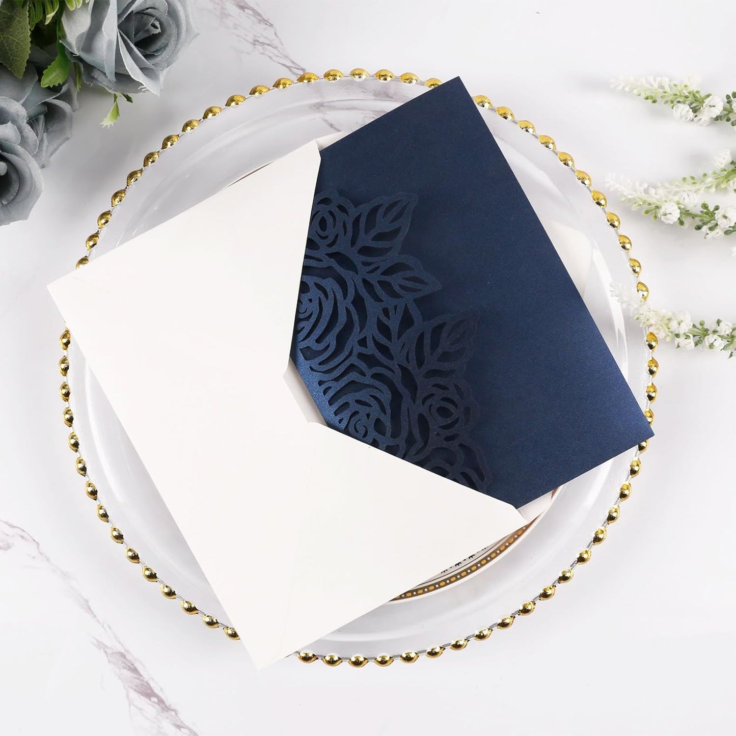 50pcs 250GSM Tri-Fold Wedding Invitations with Envelopes and RSVP Cards Laser Cut Hollow Wedding Invitation Kit for Wedding Engagement Bridal Shower Party Invite 5X7 Inch Navy Blue