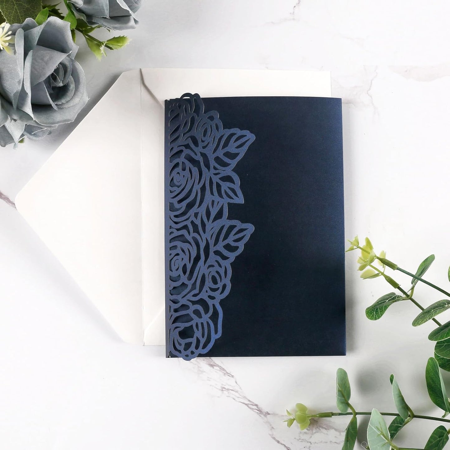 50pcs 250GSM Tri-Fold Wedding Invitations with Envelopes and RSVP Cards Laser Cut Hollow Wedding Invitation Kit for Wedding Engagement Bridal Shower Party Invite 5X7 Inch Navy Blue