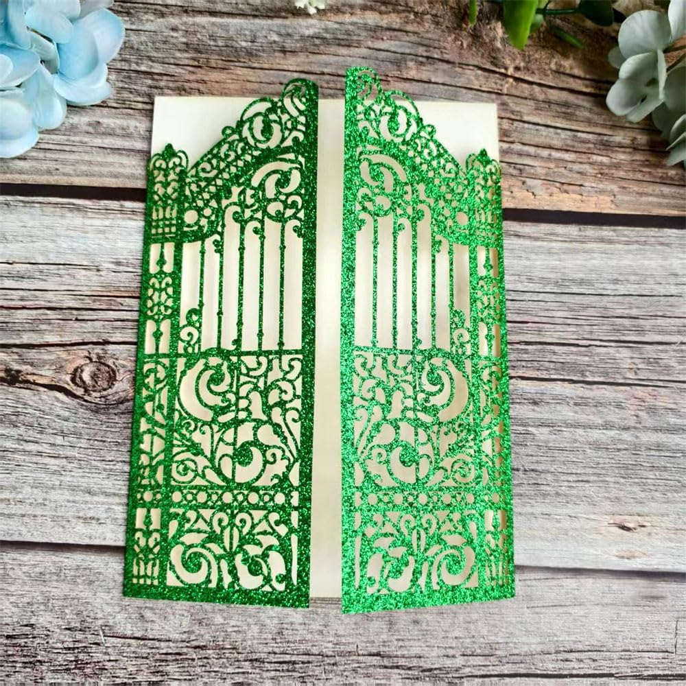 MillaSaw Glitter Green Gate Invitation Sleeve, Laser Cut Catle Invitation For Quinceanera Ball Wedding Bridal Shower Valentine Birthday Christmas 25 Sets (green glitter, 4.9"x7.1")