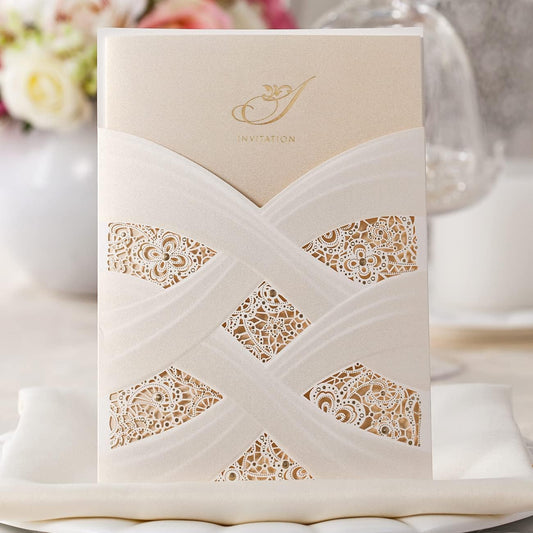 Hosmsua 50PCS Customized Ivory Wedding Invitations Kit 5.12x7.2 Inch Laser Cut Gold Foil Hollow Flora Lace Sleeve Pocket Wedding Quinceanera Invitation with Envelopes