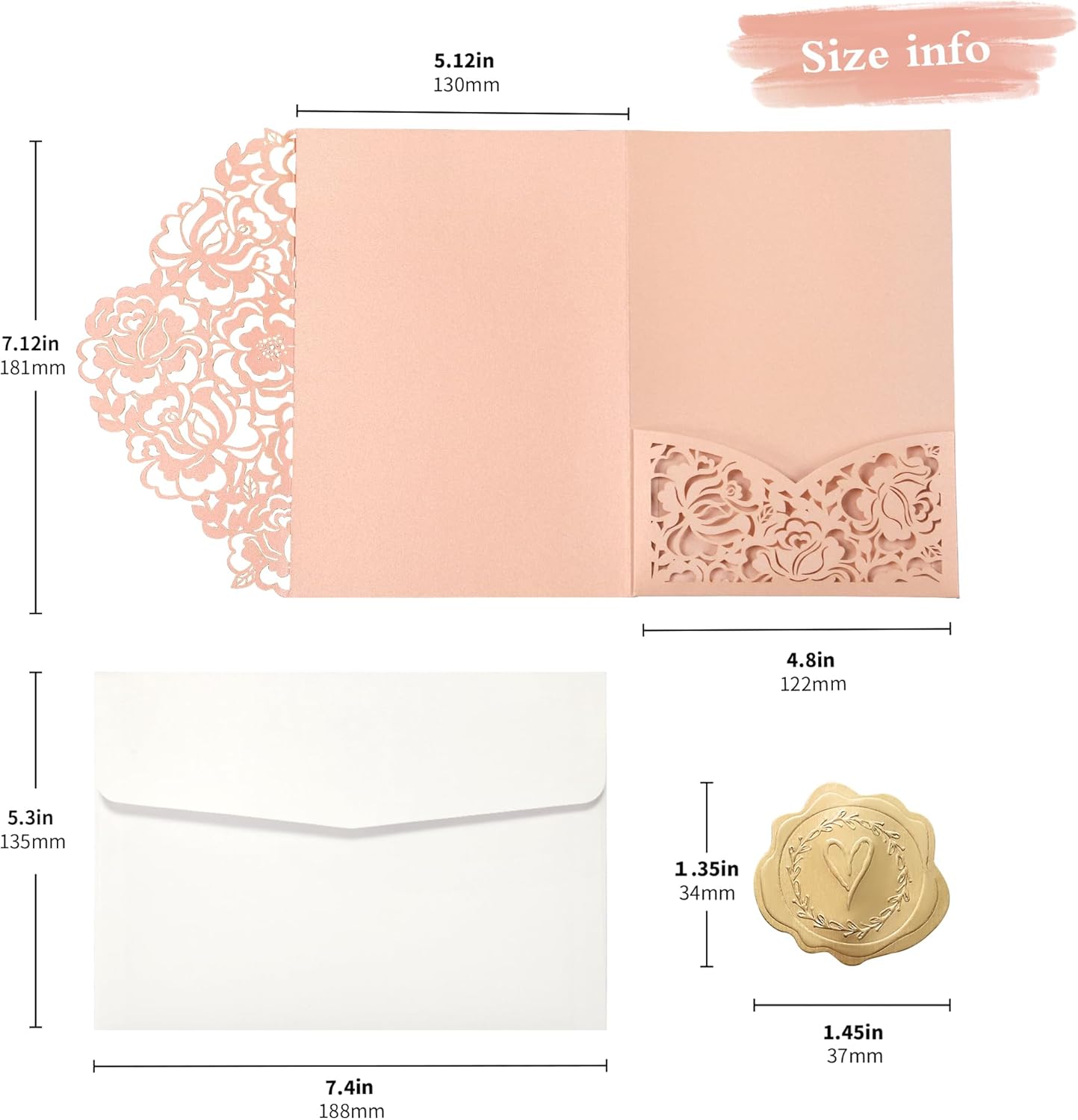 DORIS HOME 50pcs Laser Cut Quinceanera Invitation Pockets with Envelopes Pink, 5.12" x 7.12"Invitation Cards for BirthdayMiss 15, Sweet 16 (No Inserts Included)