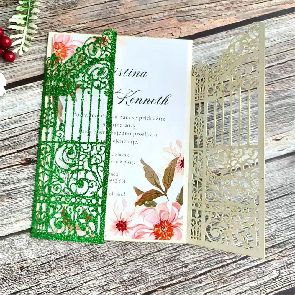 MillaSaw Glitter Green Gate Invitation Sleeve, Laser Cut Catle Invitation For Quinceanera Ball Wedding Bridal Shower Valentine Birthday Christmas 25 Sets (green glitter, 4.9"x7.1")