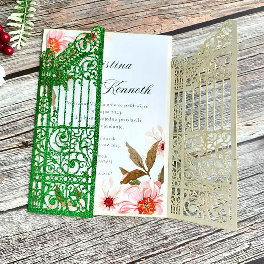 MillaSaw Glitter Green Gate Invitation Sleeve, Laser Cut Catle Invitation For Quinceanera Ball Wedding Bridal Shower Valentine Birthday Christmas 25 Sets (green glitter, 4.9"x7.1")